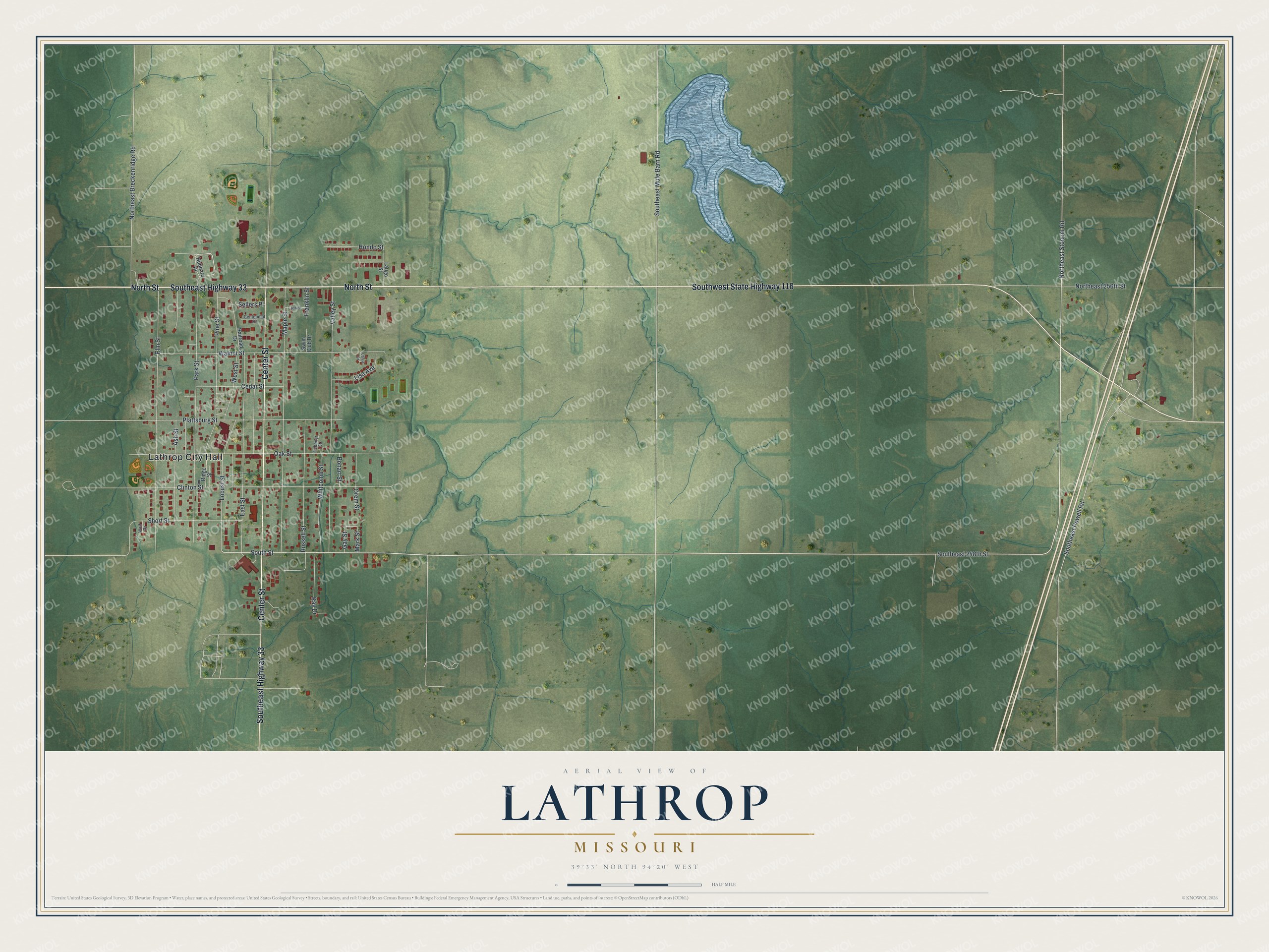 Aerial map of Lathrop, Missouri with the town grid on the left, green farm fields, blue creeks and a lake near the top