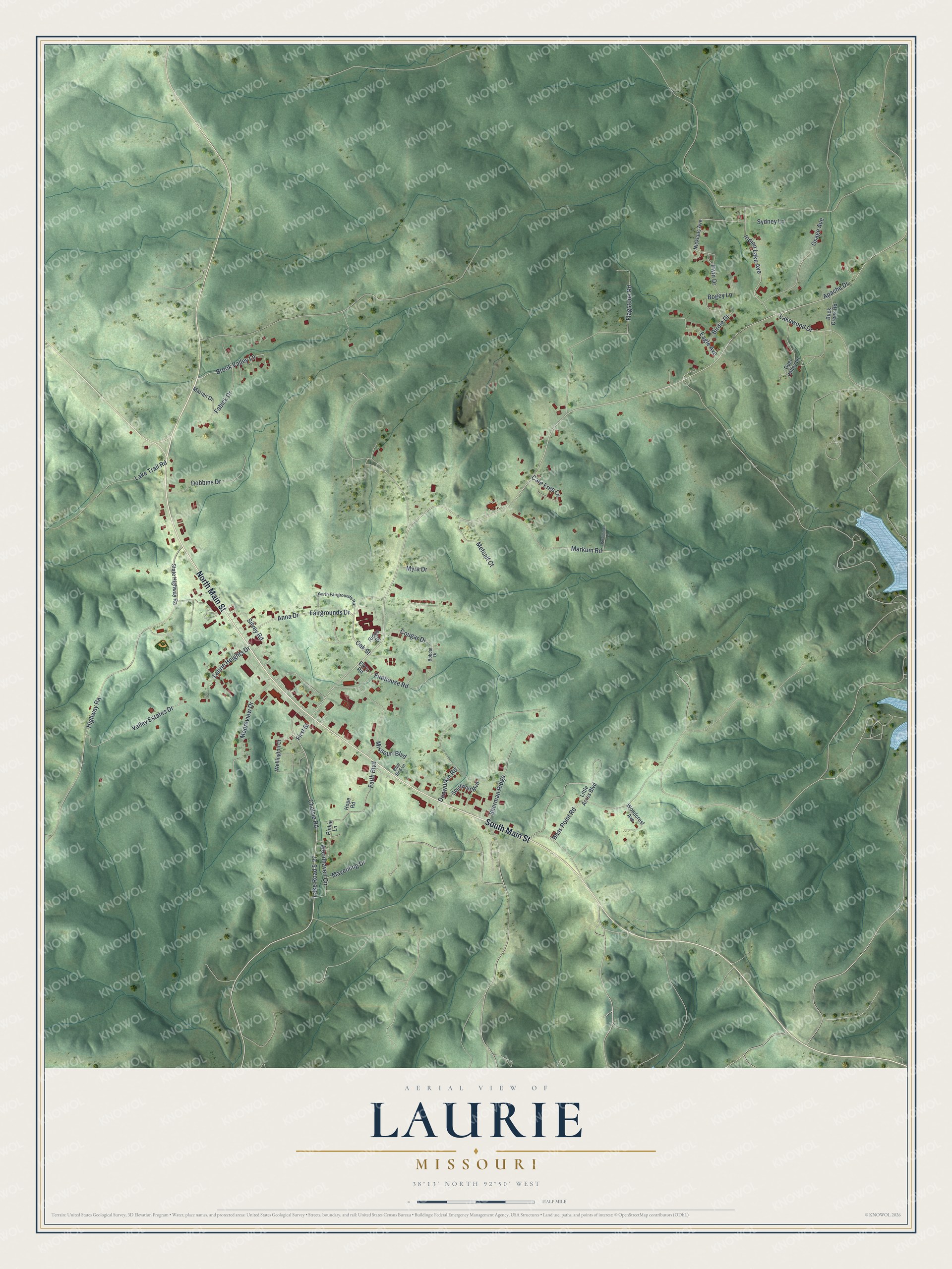 Full map of Laurie, Missouri, with red buildings, printed street names and the land around them