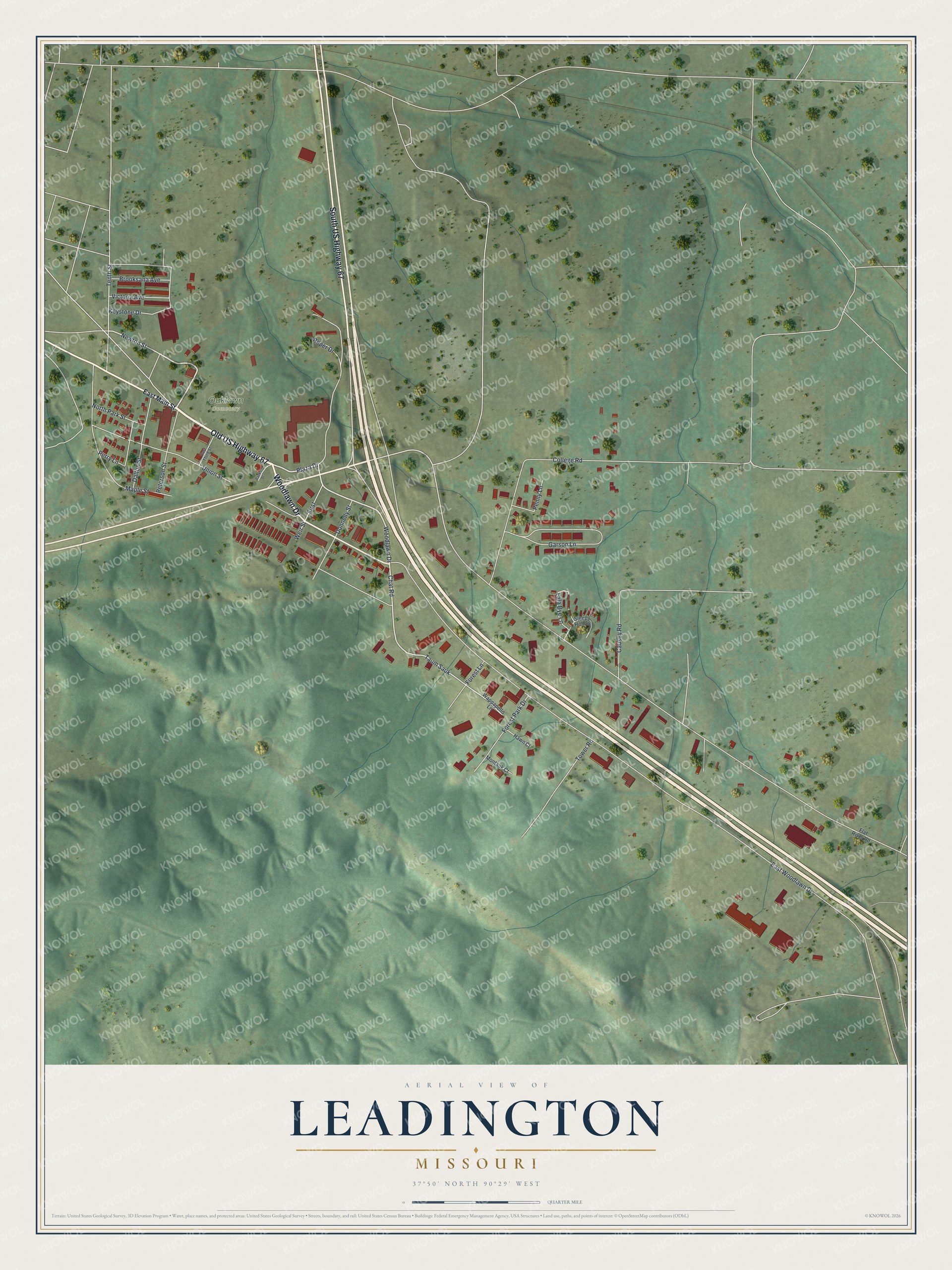 Full map of Leadington, Missouri, with red buildings, printed street names and the land around them