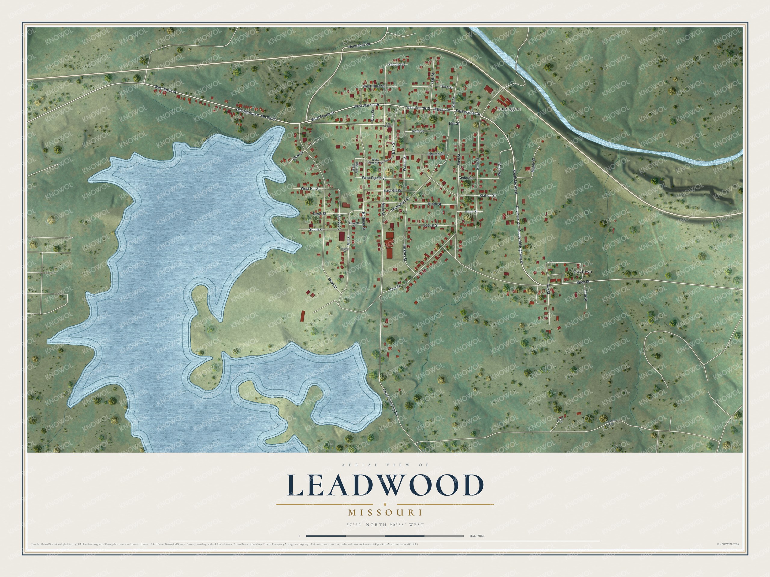 Full map of Leadwood, Missouri, with red buildings, printed street names and the land around them