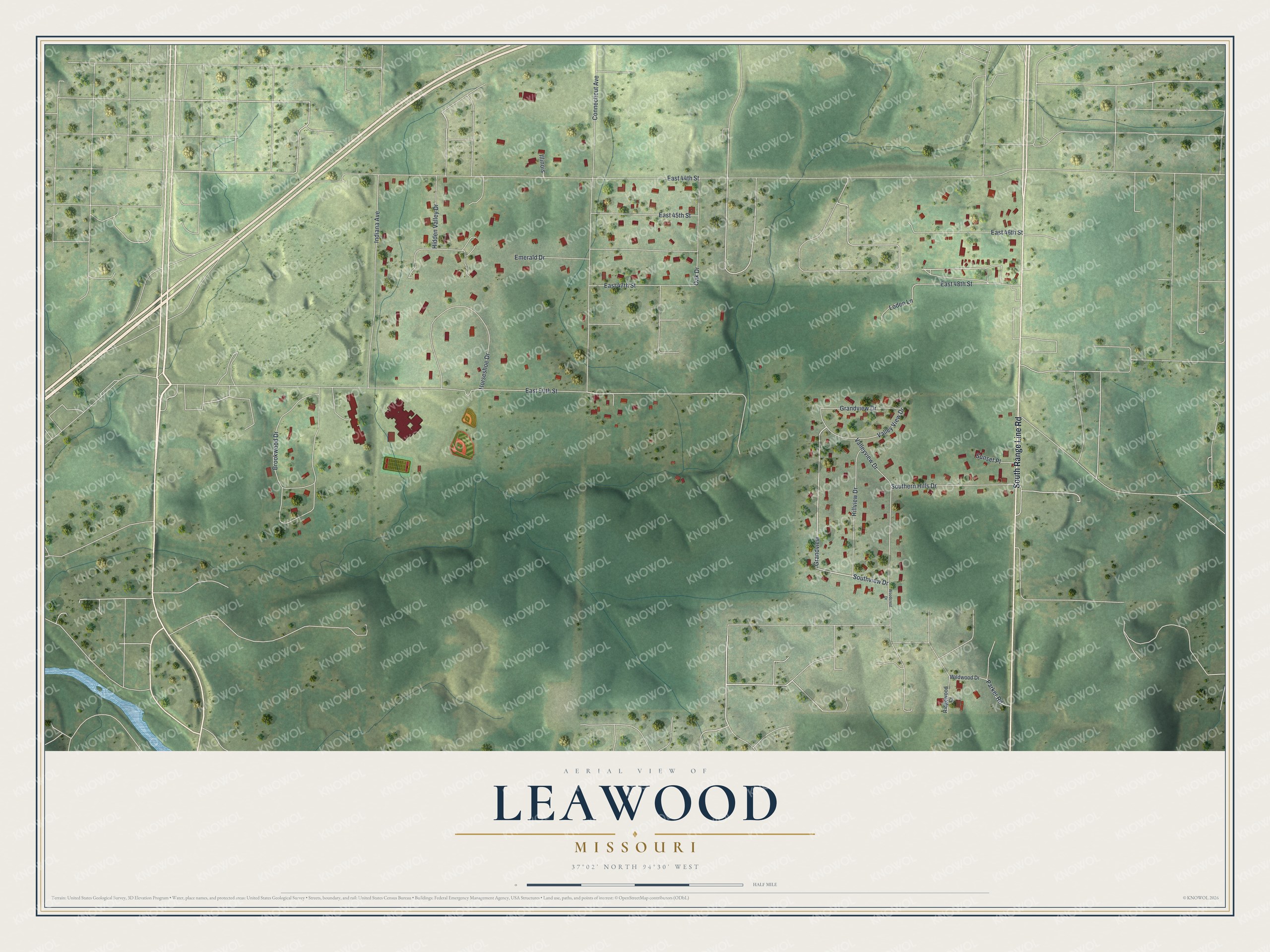 Full map of Leawood, Missouri, with red buildings, printed street names and the land around them