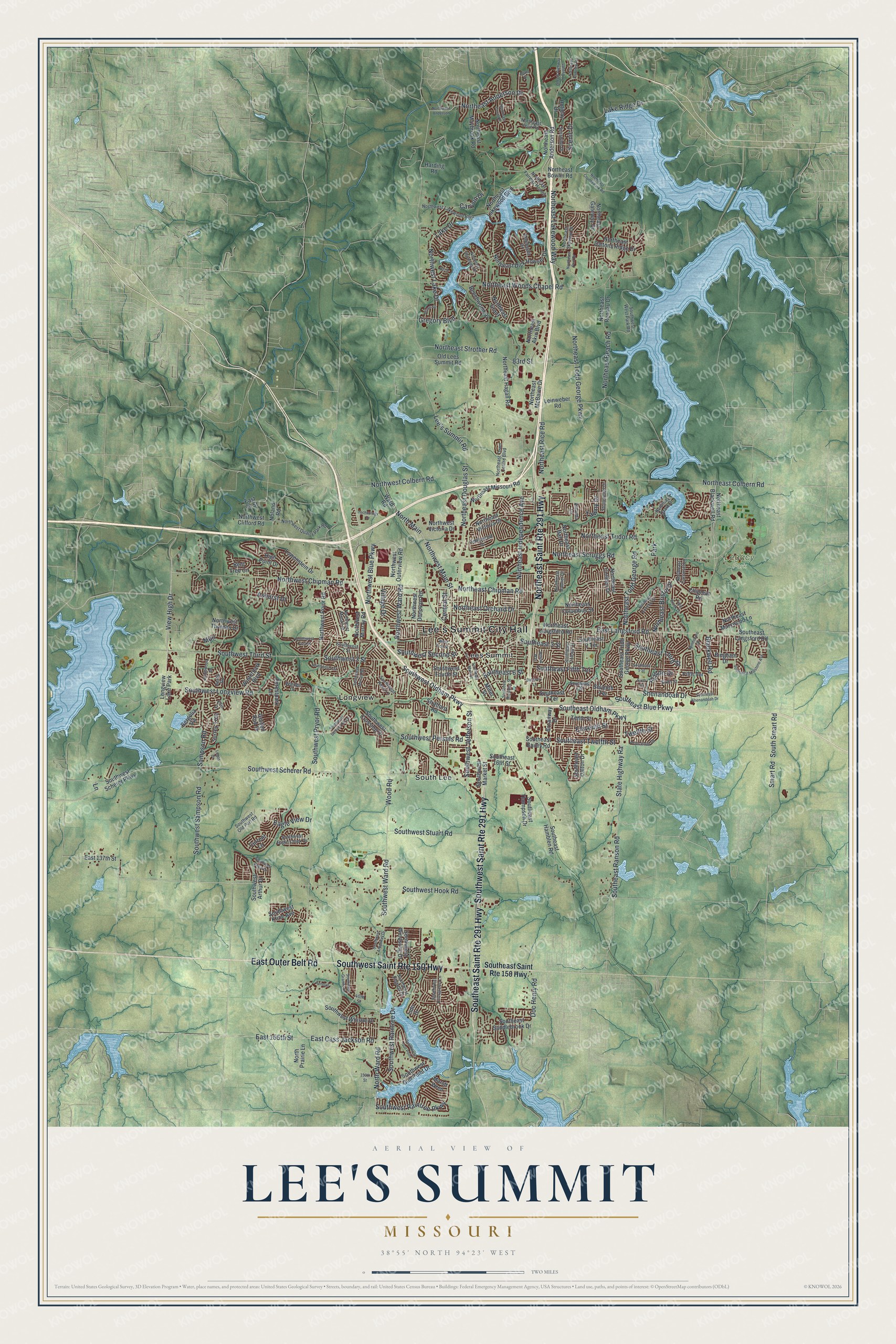 Aerial-style map of Lee's Summit, Missouri with green hills, blue lakes and red buildings around City Hall