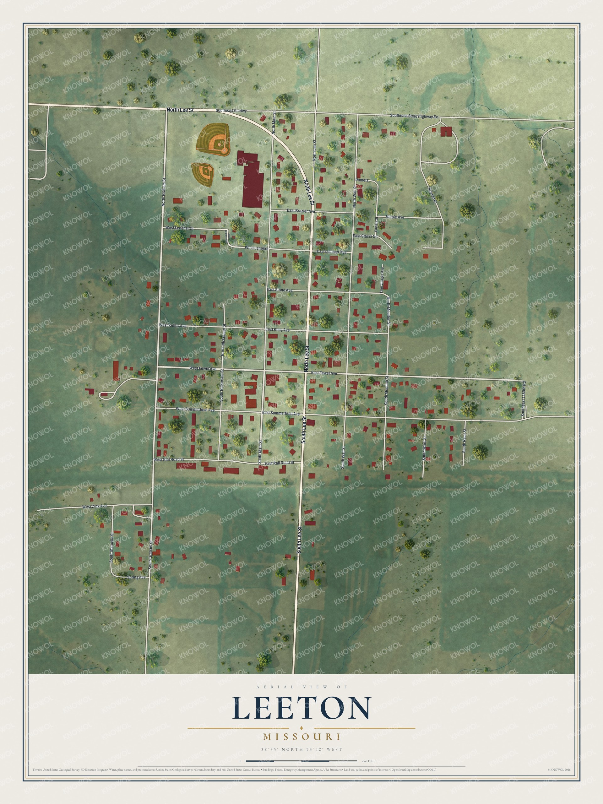 Full map of Leeton, Missouri, with red buildings, printed street names and the land around them