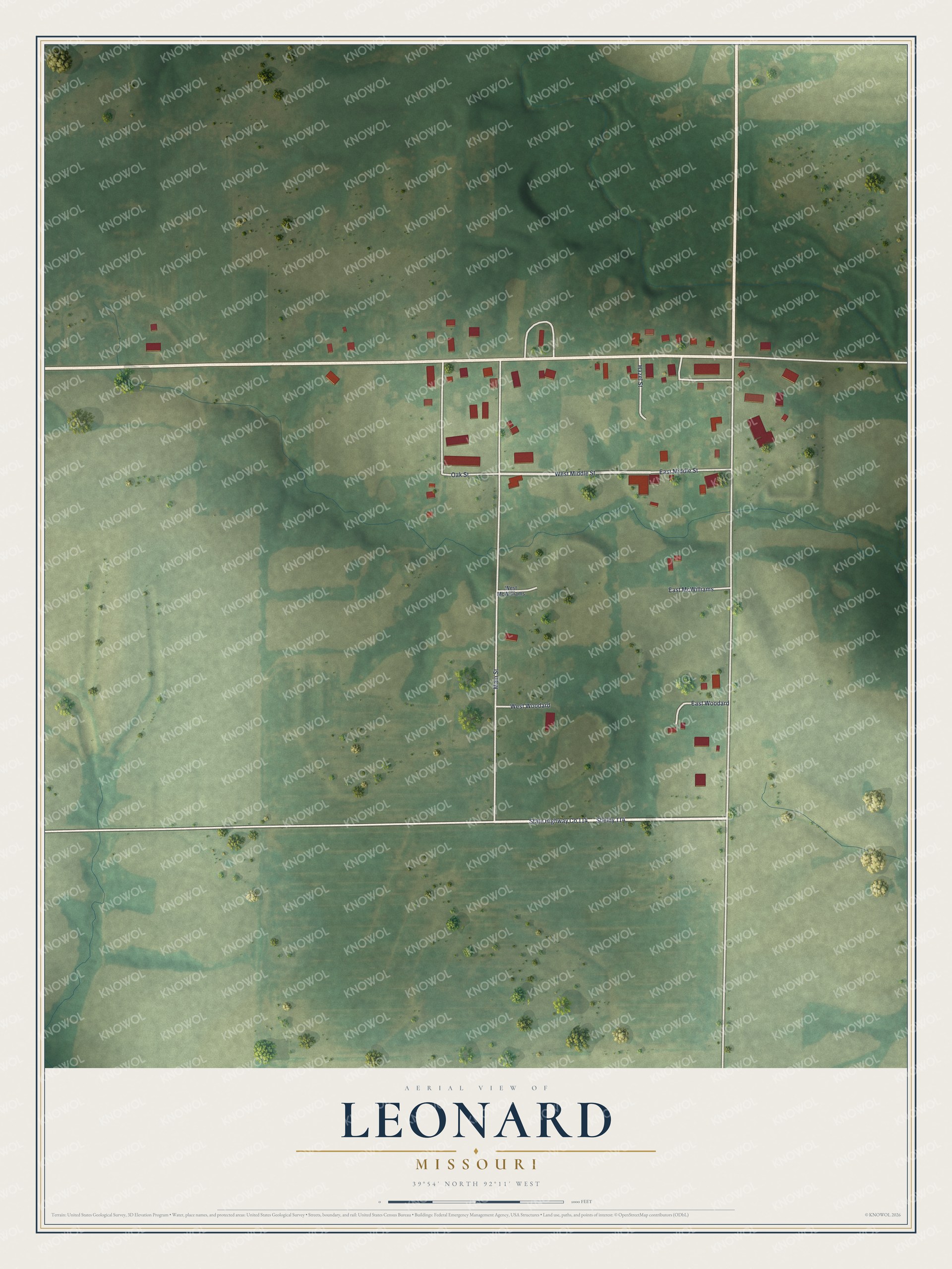 Full map of Leonard, Missouri, with red buildings, printed street names and the land around them