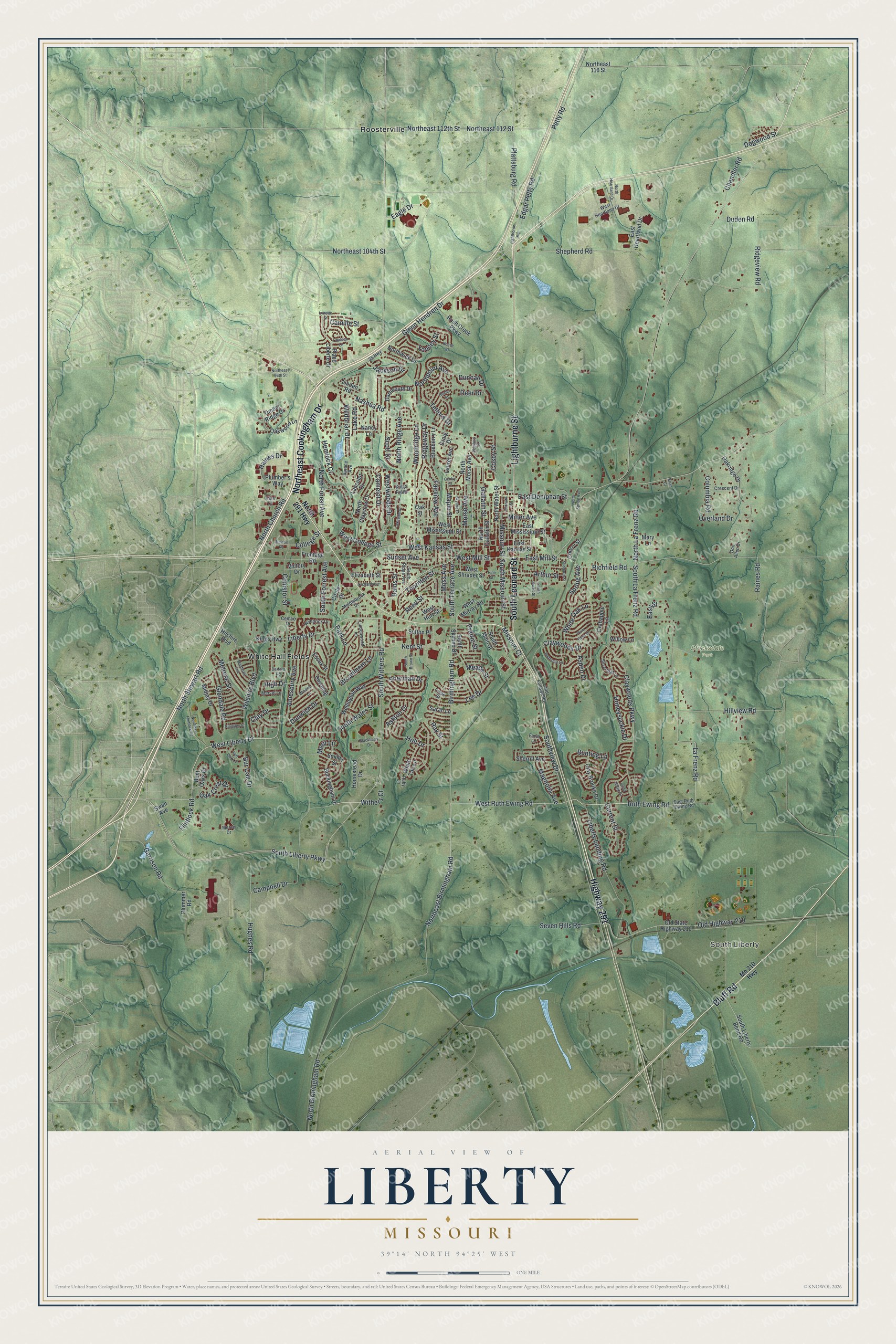 Aerial style map of Liberty, Missouri, with red buildings, green wooded hills and blue ponds on the flat land below town