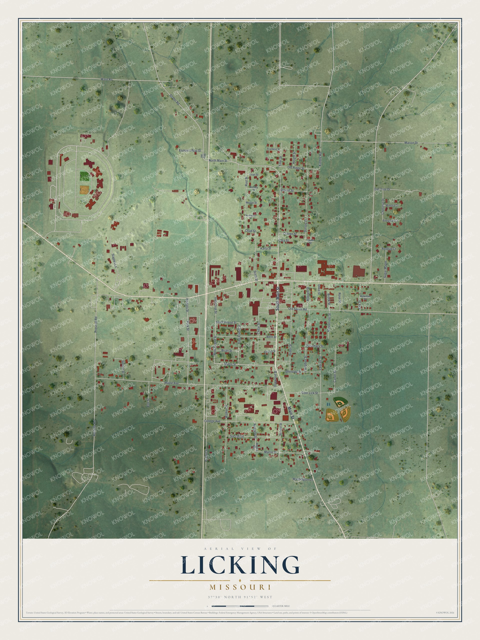 Full map of Licking, Missouri, with red buildings, printed street names and the land around them