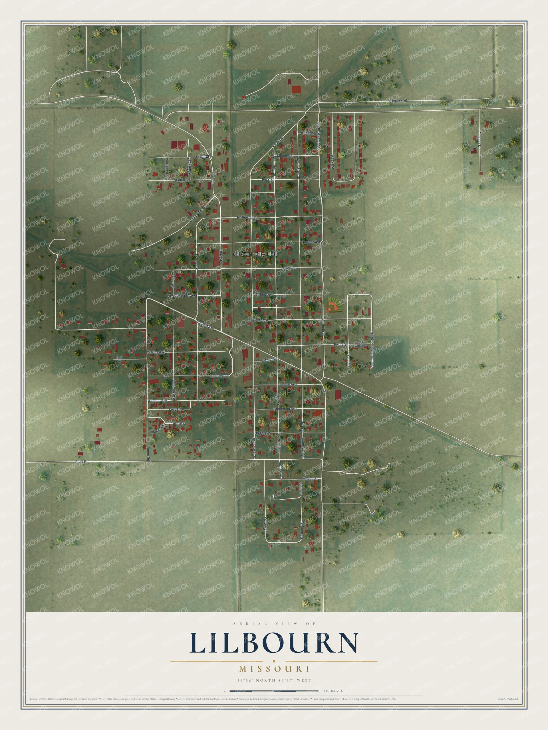 Full map of Lilbourn, Missouri, with red buildings, printed street names and the land around them