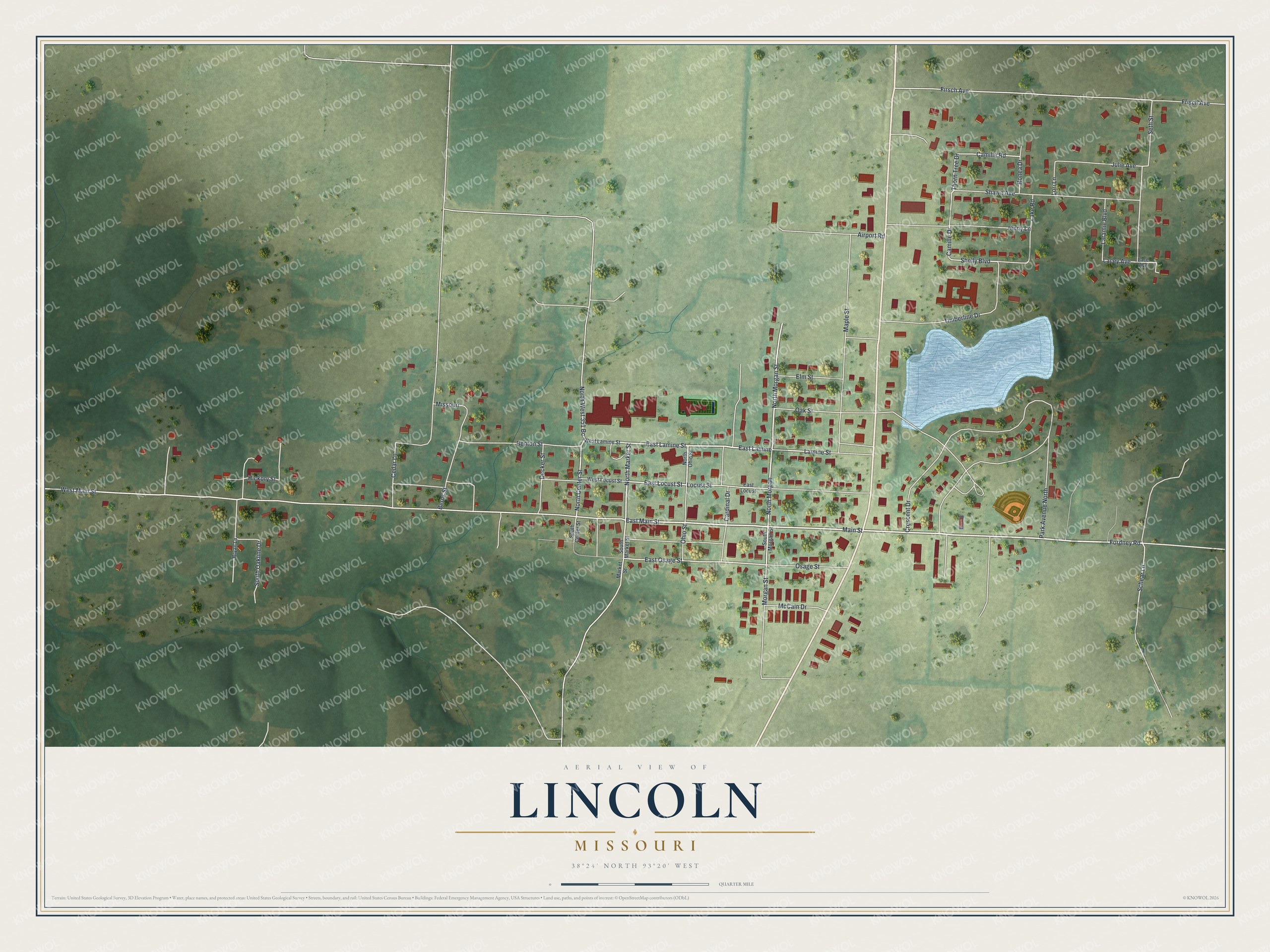 Full map of Lincoln, Missouri, with red buildings, printed street names and the land around them