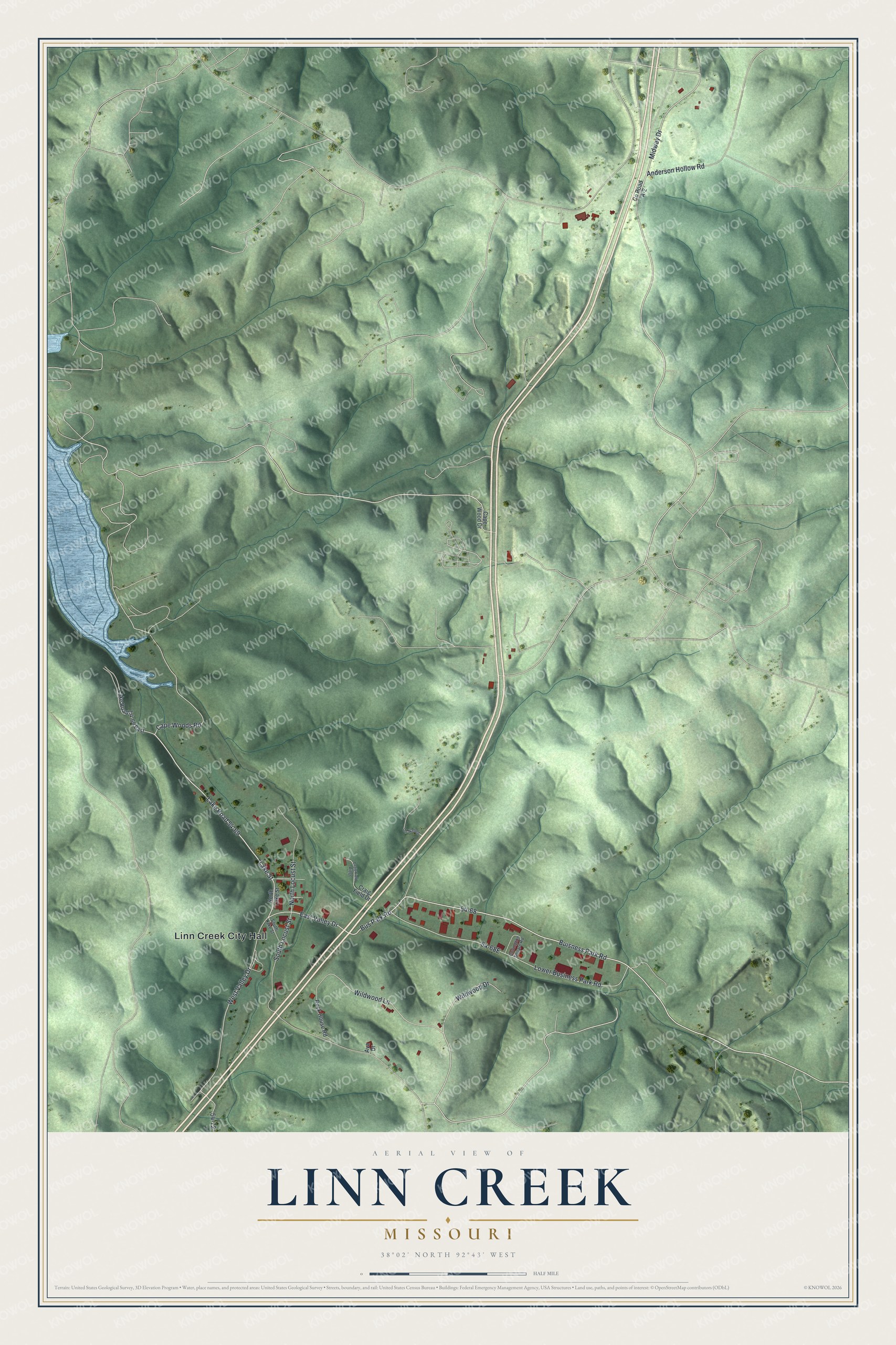 Full map of Linn Creek, Missouri, with red buildings, printed street names and the land around them