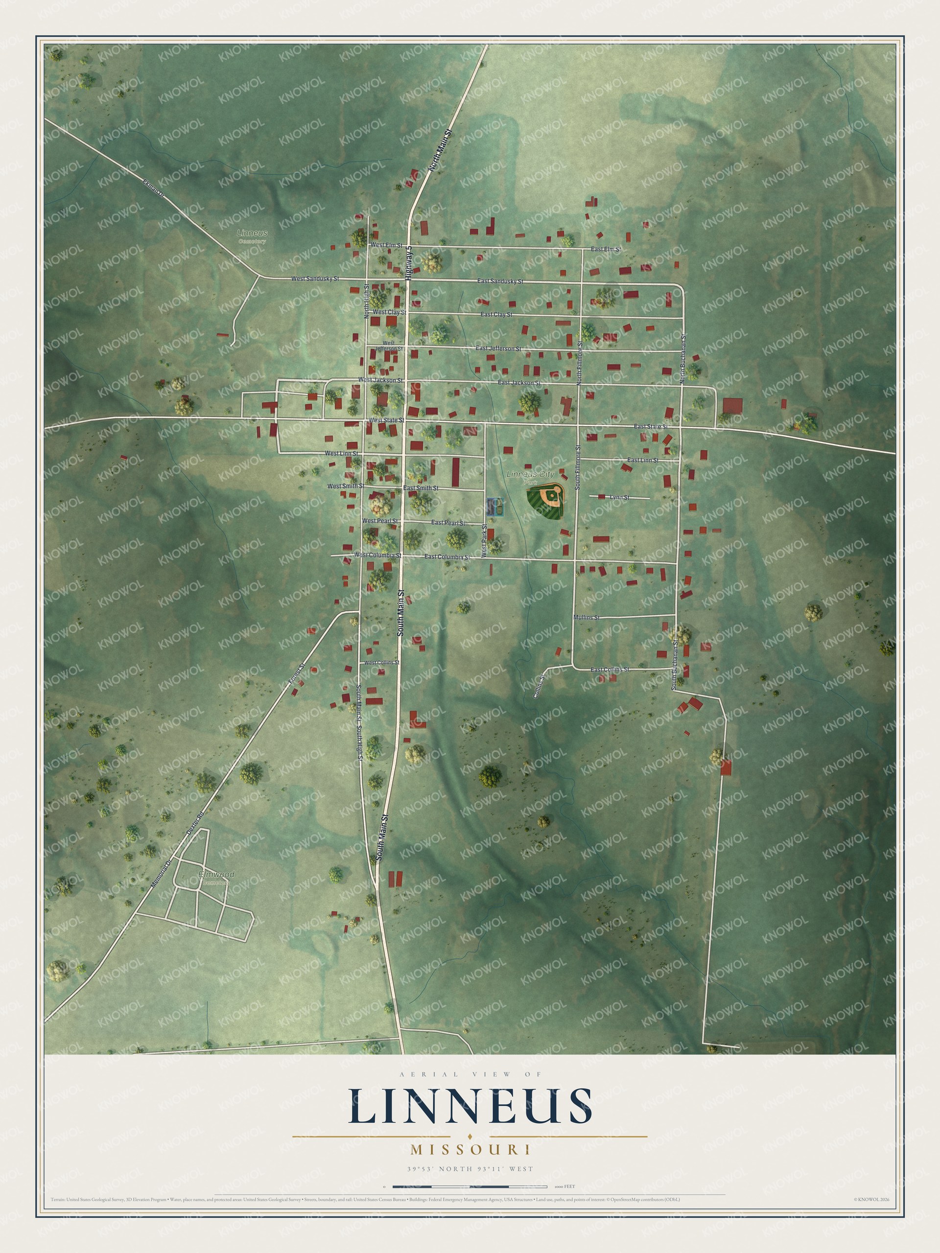 Map of Linneus, Missouri with red buildings along Highway 5 and Main Street, Linneus City Park, two cemeteries and green farm fields