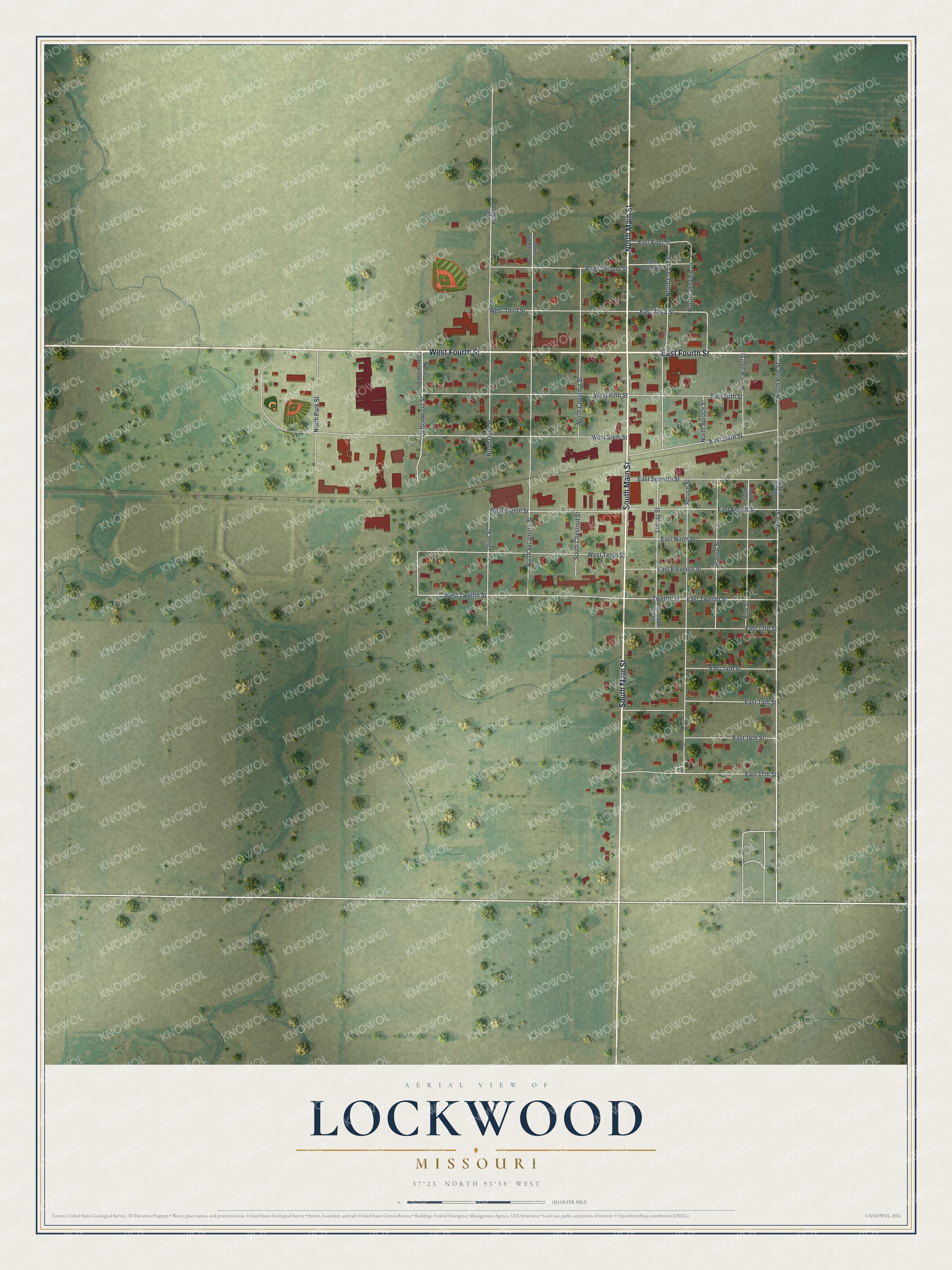 Full map of Lockwood, Missouri, with red buildings, printed street names and the land around them
