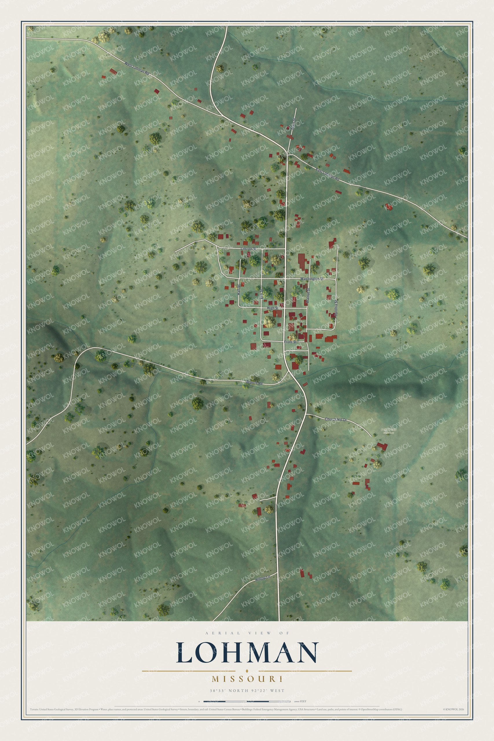 Full map of Lohman, Missouri, with red buildings, printed street names and the land around them