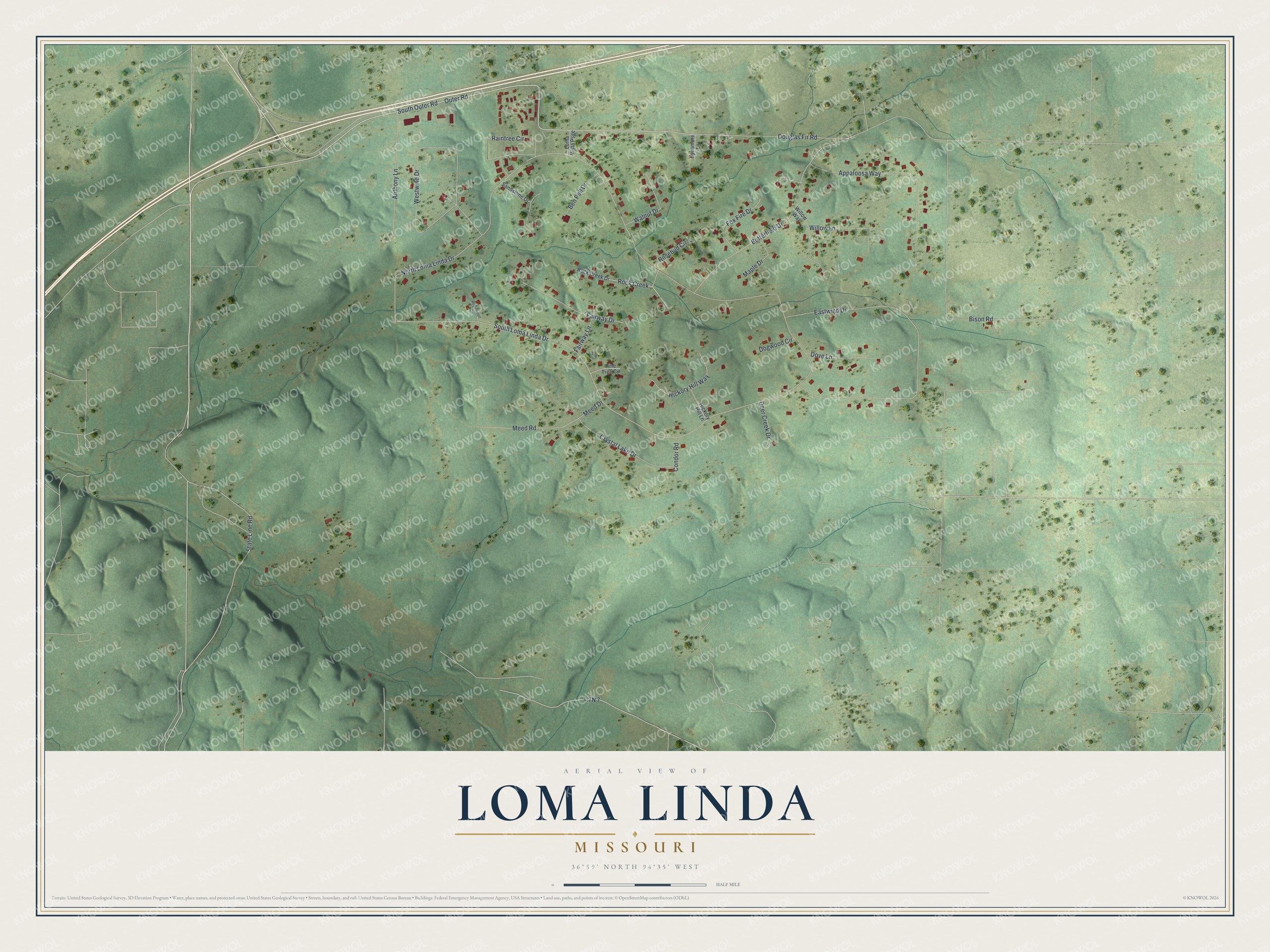 Full map of Loma Linda, Missouri, with red buildings, printed street names and the land around them