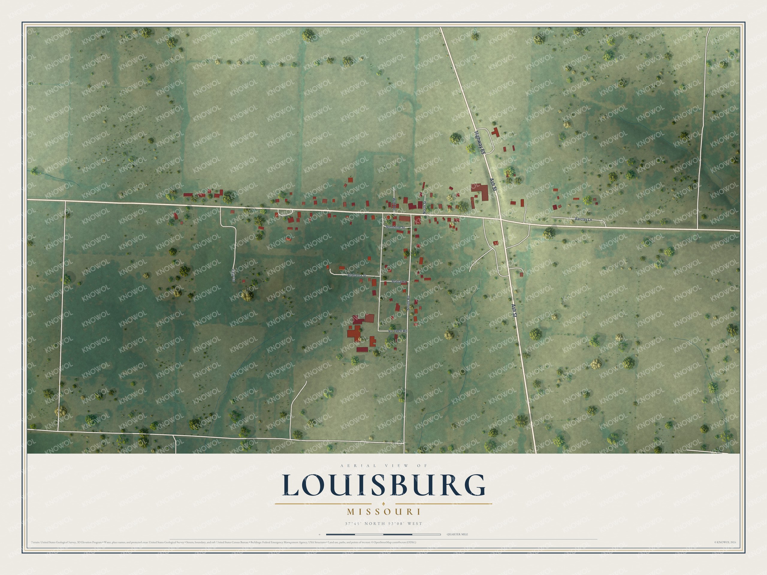 Full map of Louisburg, Missouri, with red buildings, printed street names and the land around them