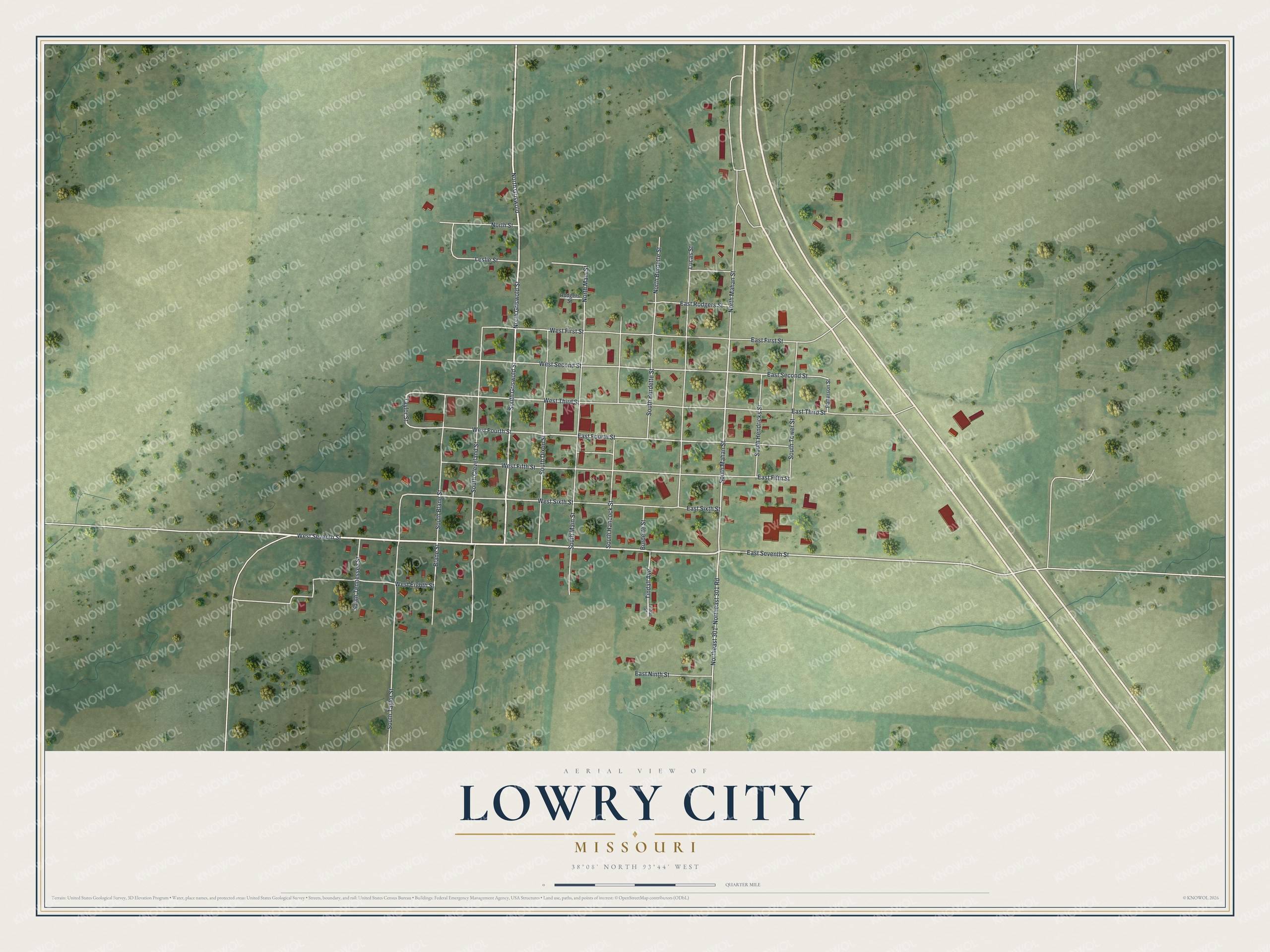 Full map of Lowry City, Missouri, with red buildings, printed street names and the land around them