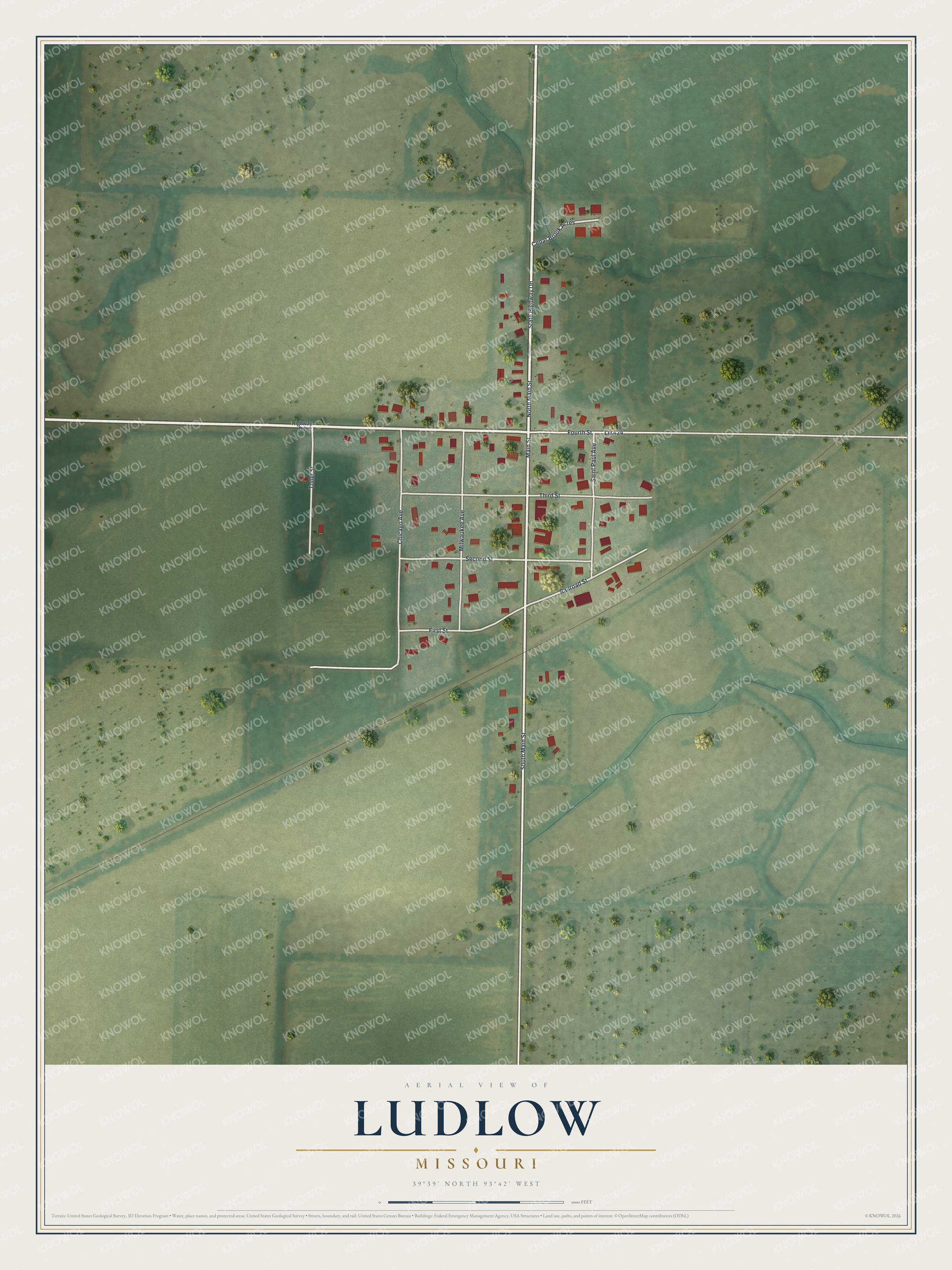 Full map of Ludlow, Missouri, with red buildings, printed street names and the land around them