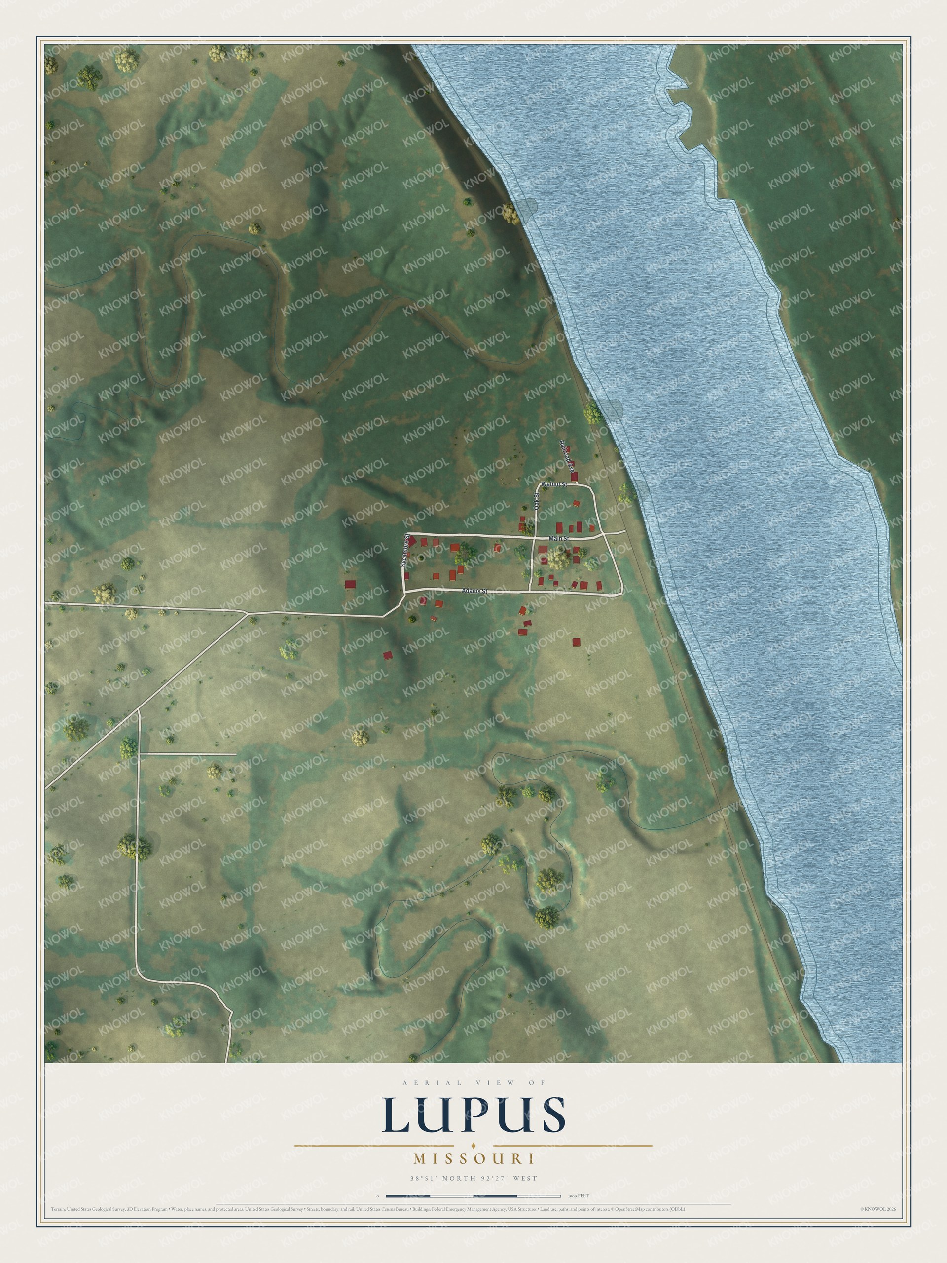Full map of Lupus, Missouri, with red buildings, printed street names and the land around them
