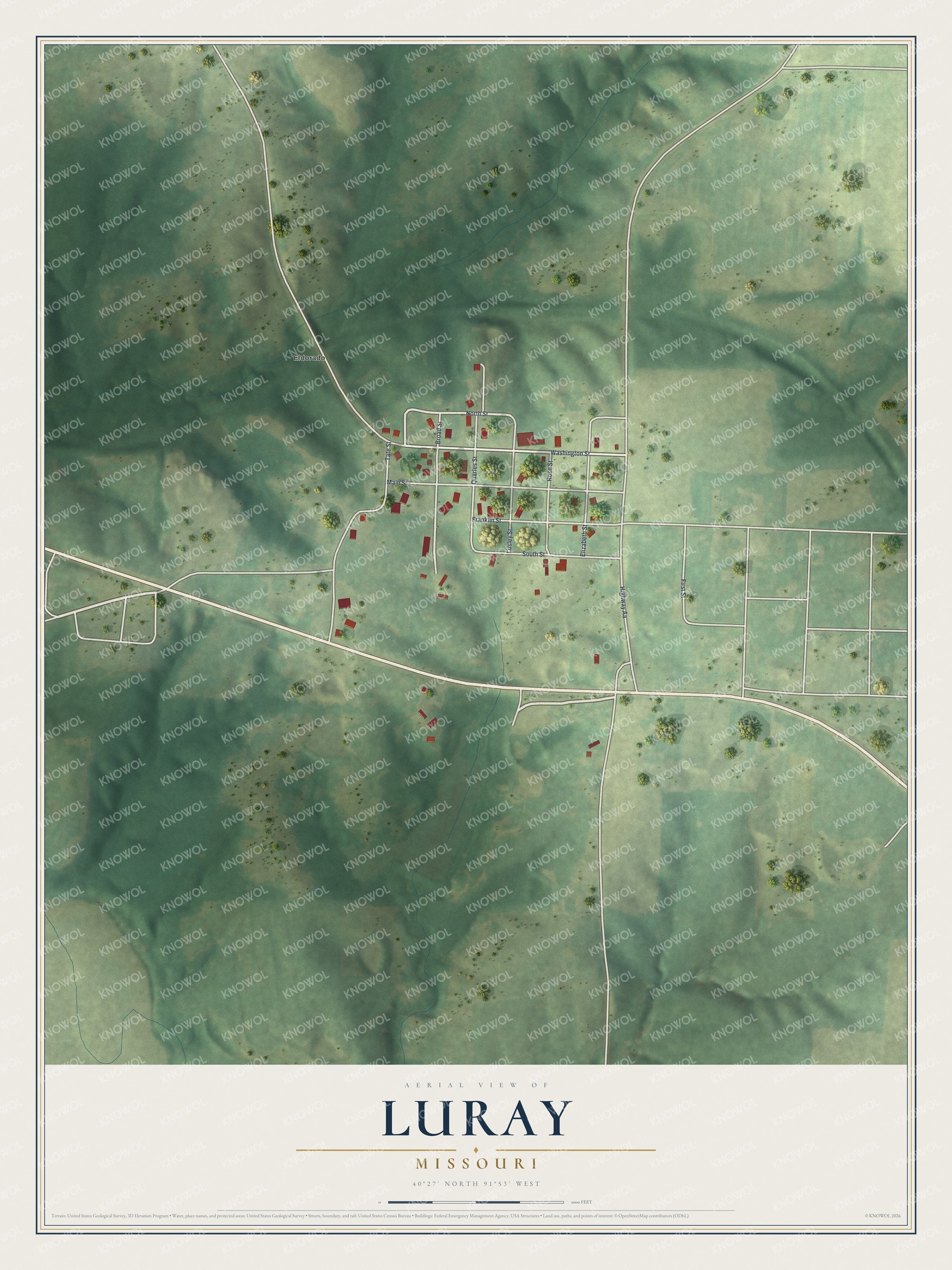 Aerial-style map of Luray, Missouri, with a small street grid in the center surrounded by green hills and farm fields