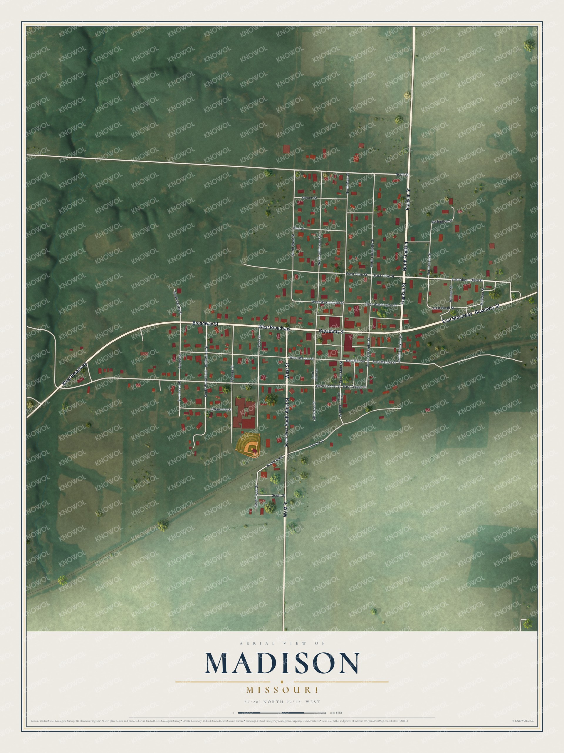 Aerial-style map of Madison, Missouri with red buildings along Broadway Street, a rail line and green farm fields