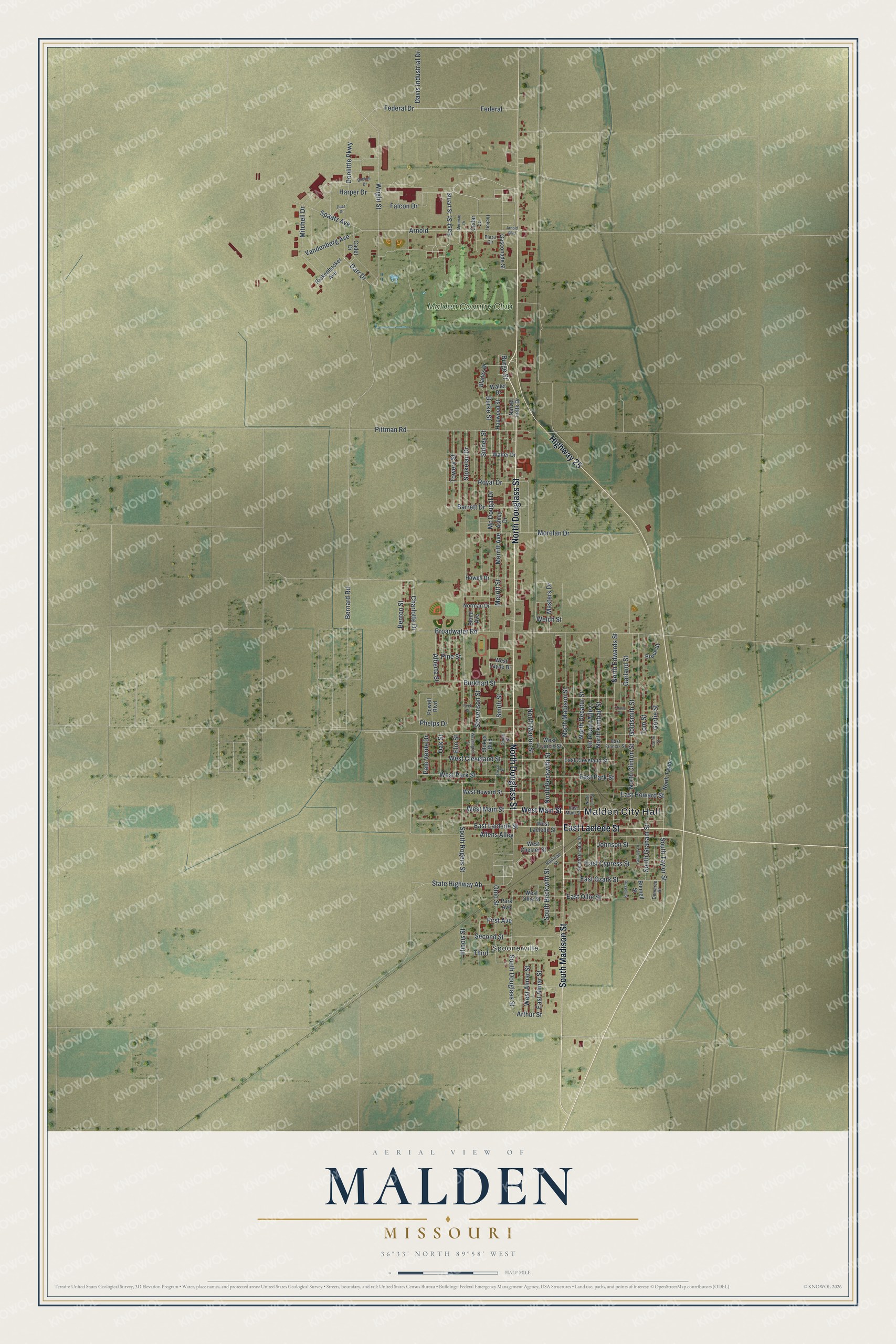 Full map of Malden, Missouri, with red buildings, printed street names and the land around them