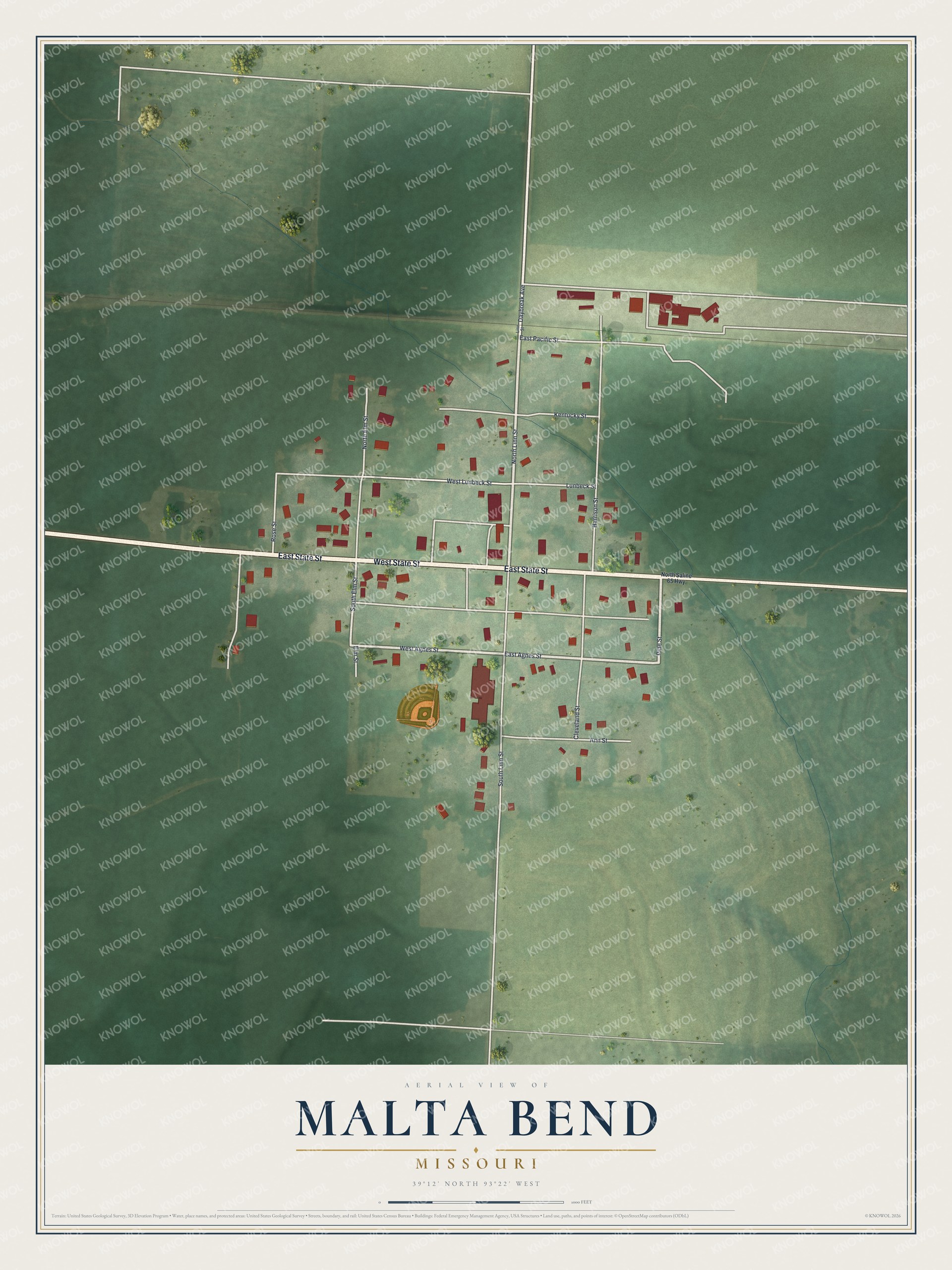Aerial map of Malta Bend, Missouri, with red buildings along East State Street and North Linn Street among green prairie farmland