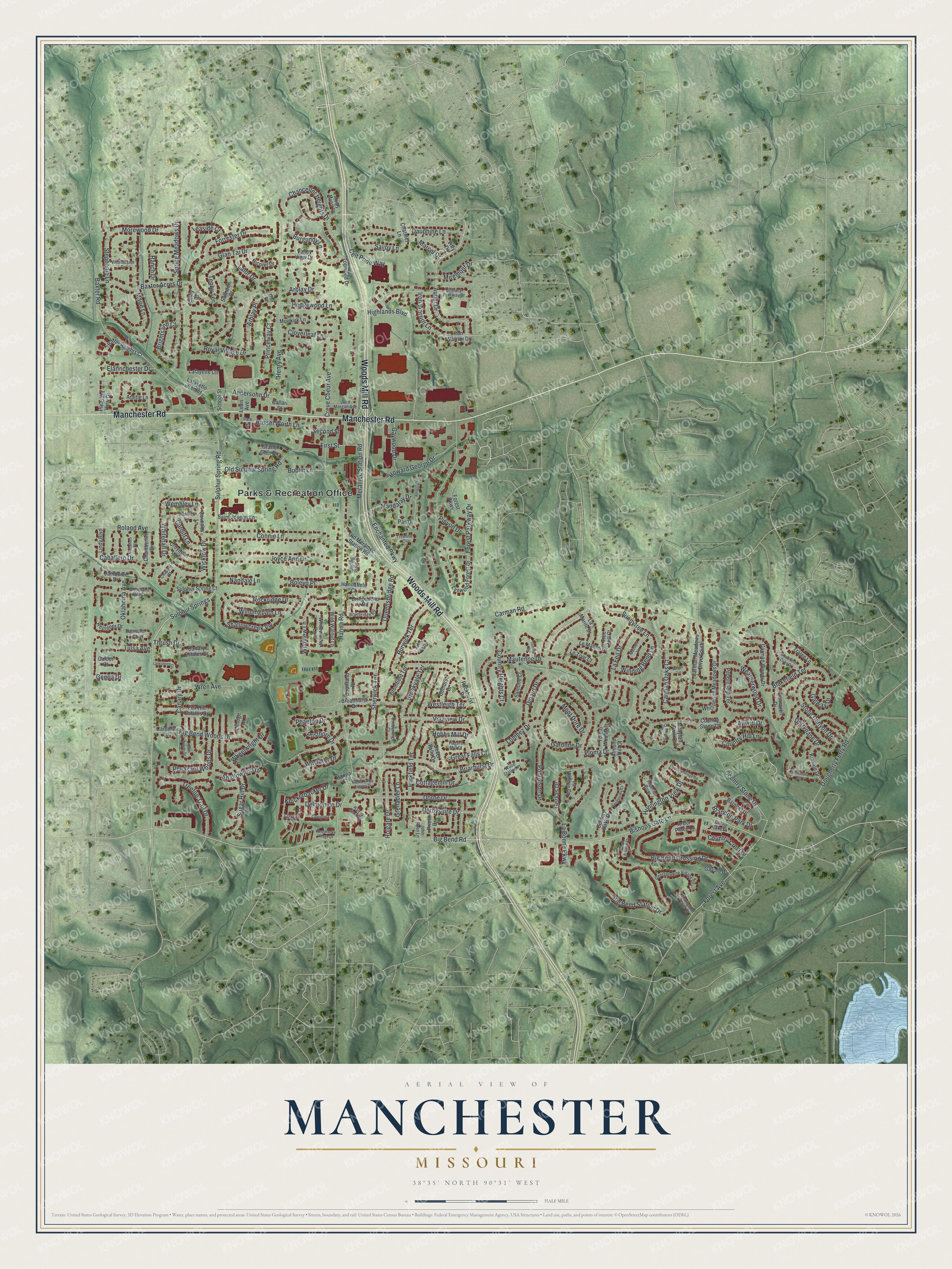 Aerial view map of Manchester, Missouri with green hills, red buildings and two main roads crossing near the center