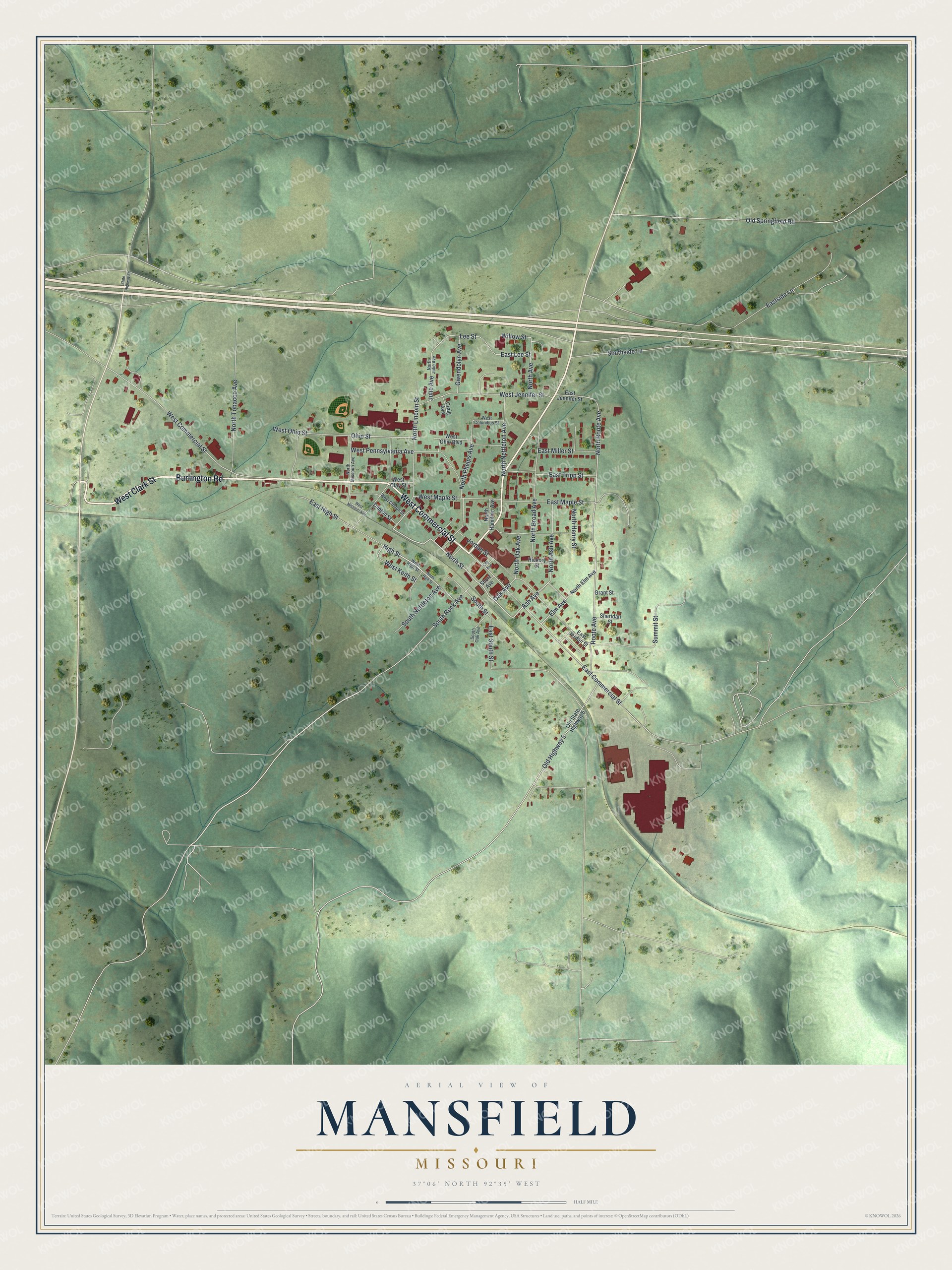 Full map of Mansfield, Missouri, with red buildings, printed street names and the land around them