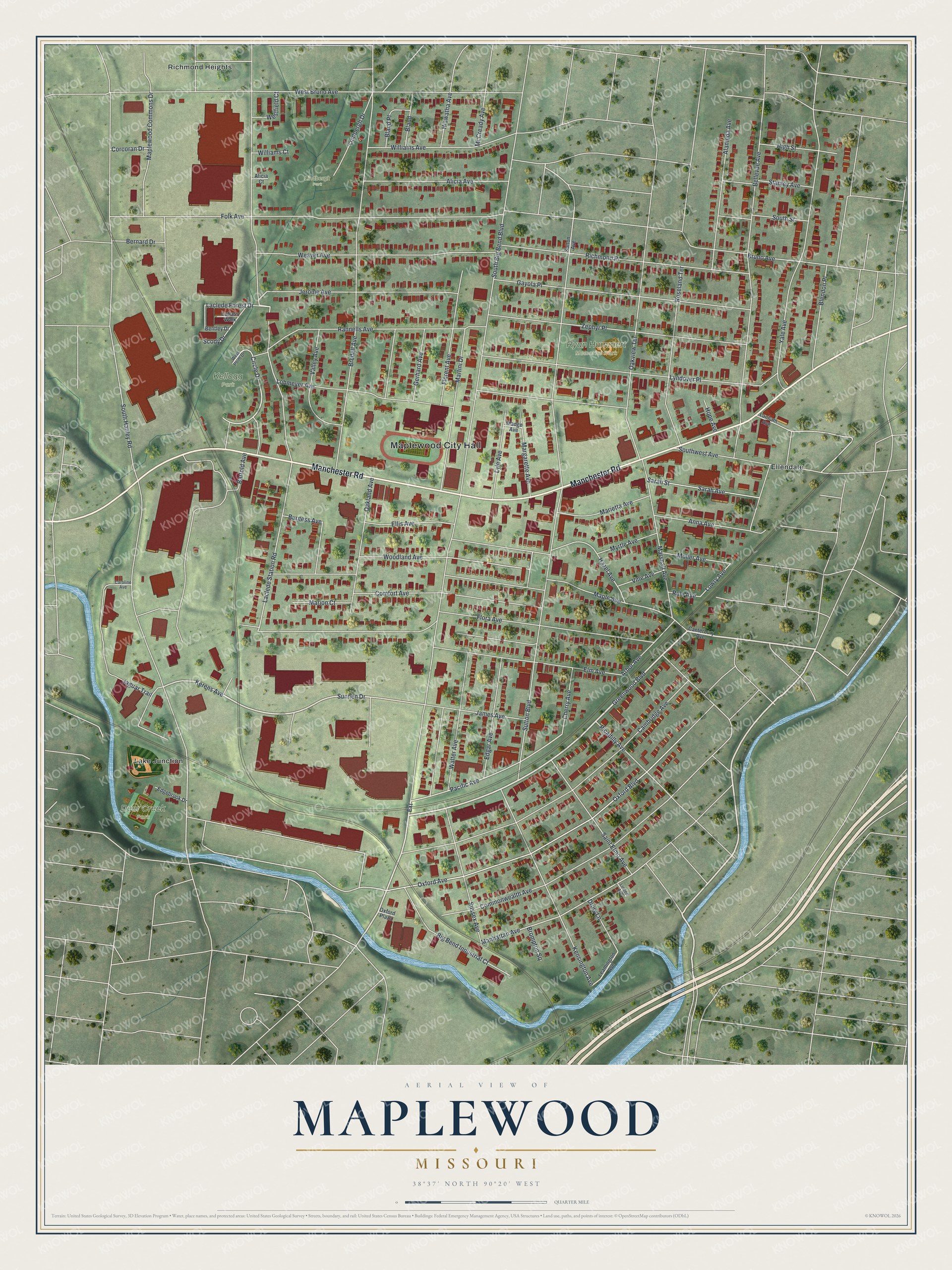 Aerial-style map of Maplewood, Missouri with red buildings, pale streets and a winding blue creek on soft green ground