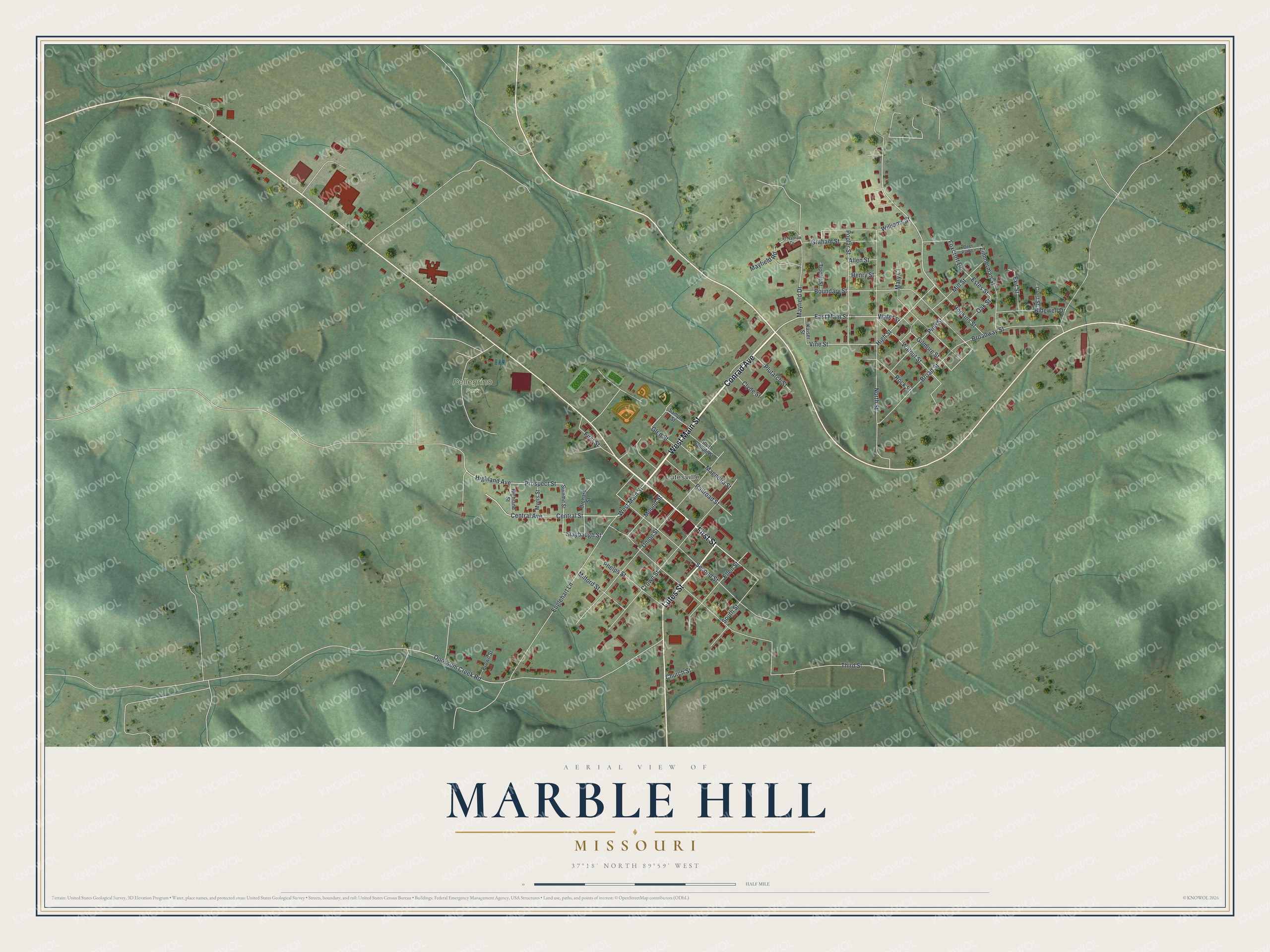Full Marble Hill, Missouri map with red buildings, green shaded hills, pale roads, Lutesville, and a cream title panel
