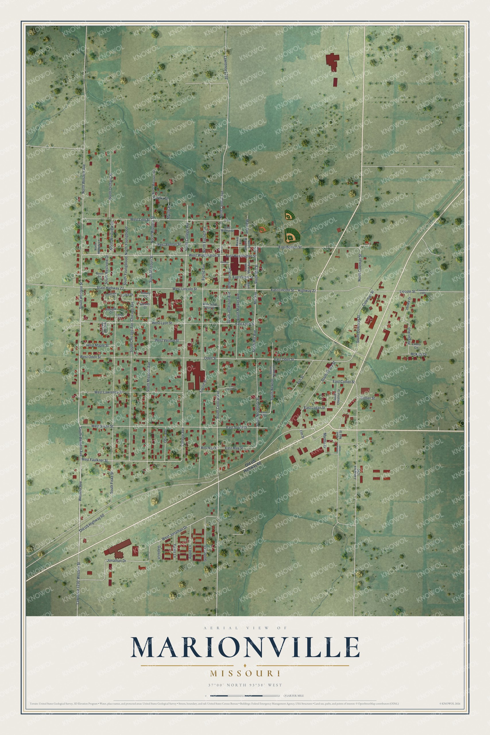 Full map of Marionville, Missouri, with red buildings, printed street names and the land around them