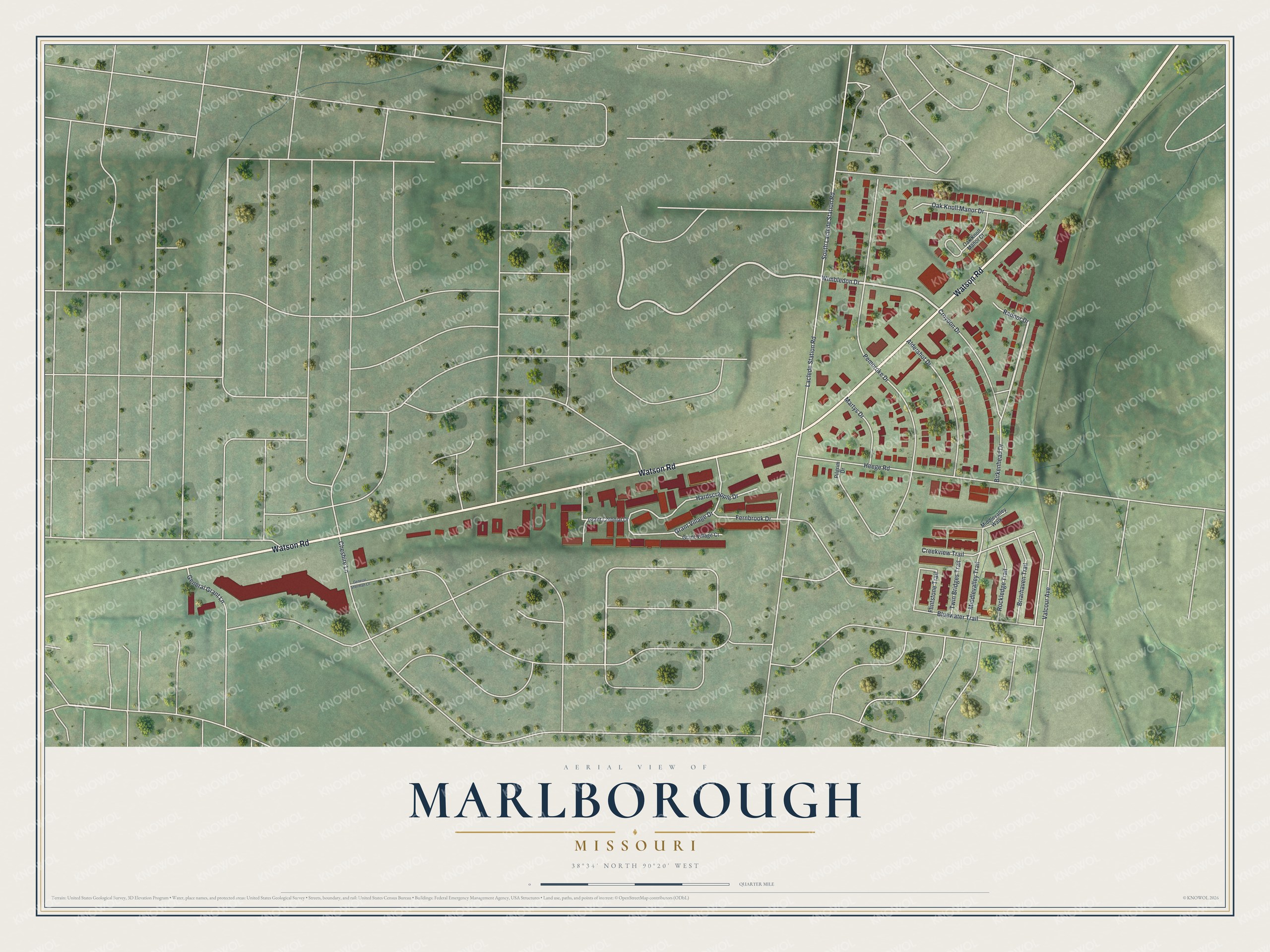 Full map of Marlborough, Missouri, with red buildings, printed street names and the land around them