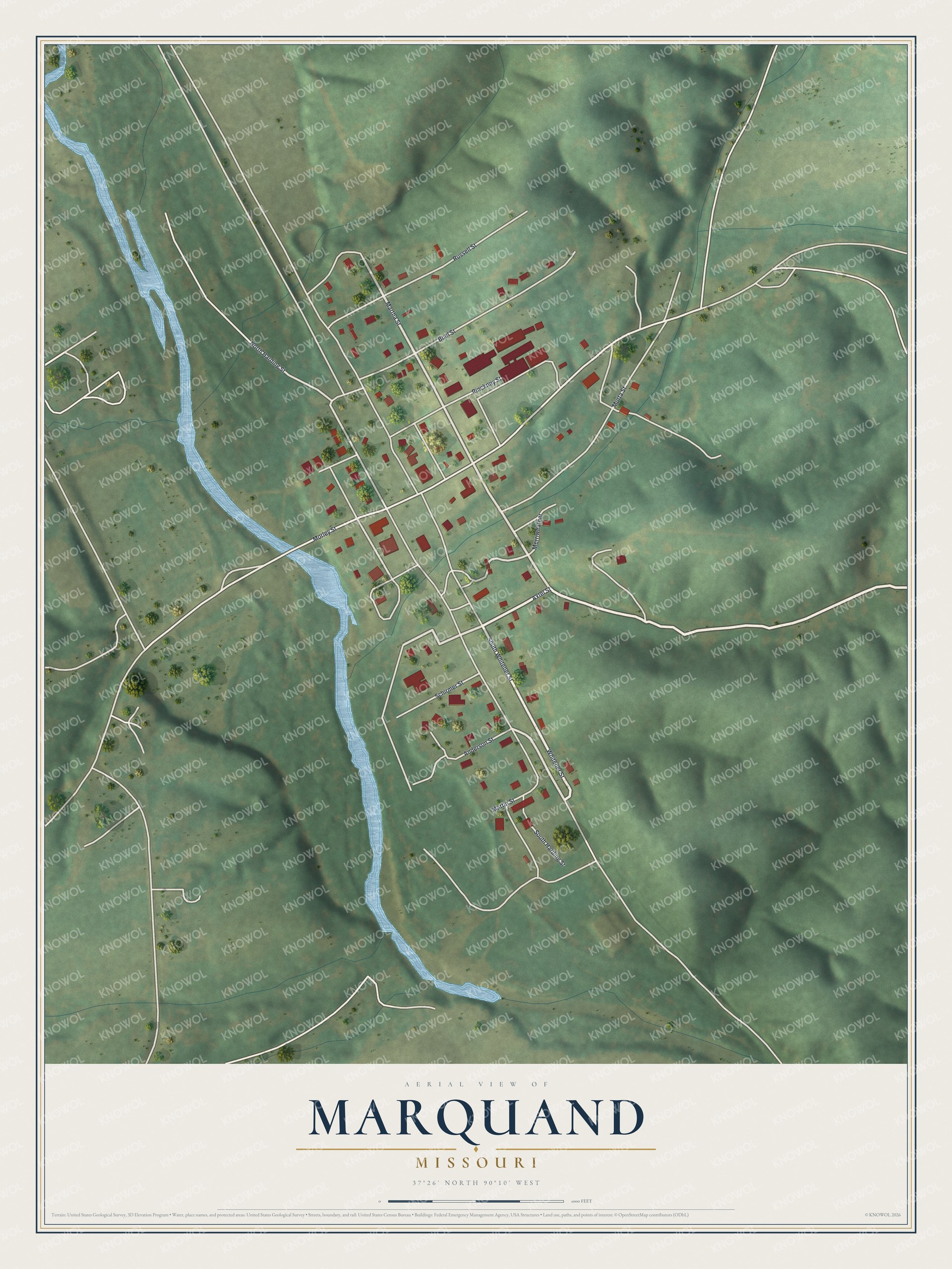 Full map of Marquand, Missouri, with red buildings, printed street names and the land around them