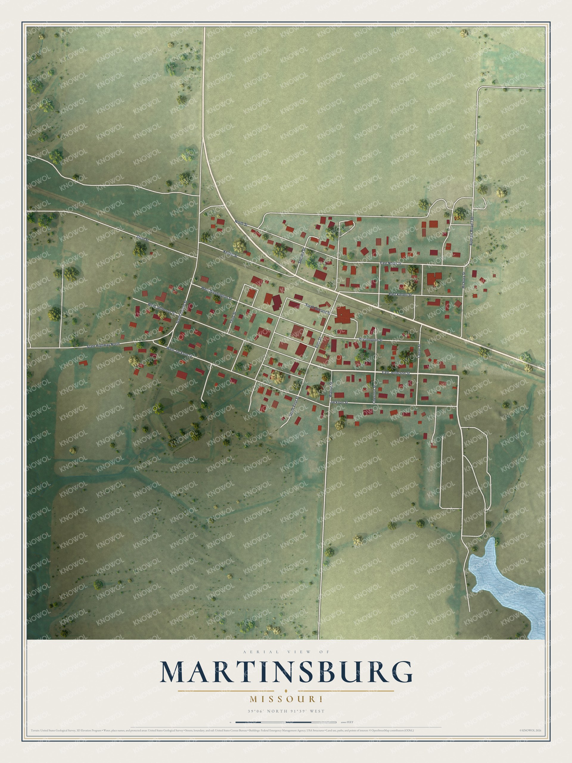 Full map of Martinsburg, Missouri, with red buildings, printed street names and the land around them