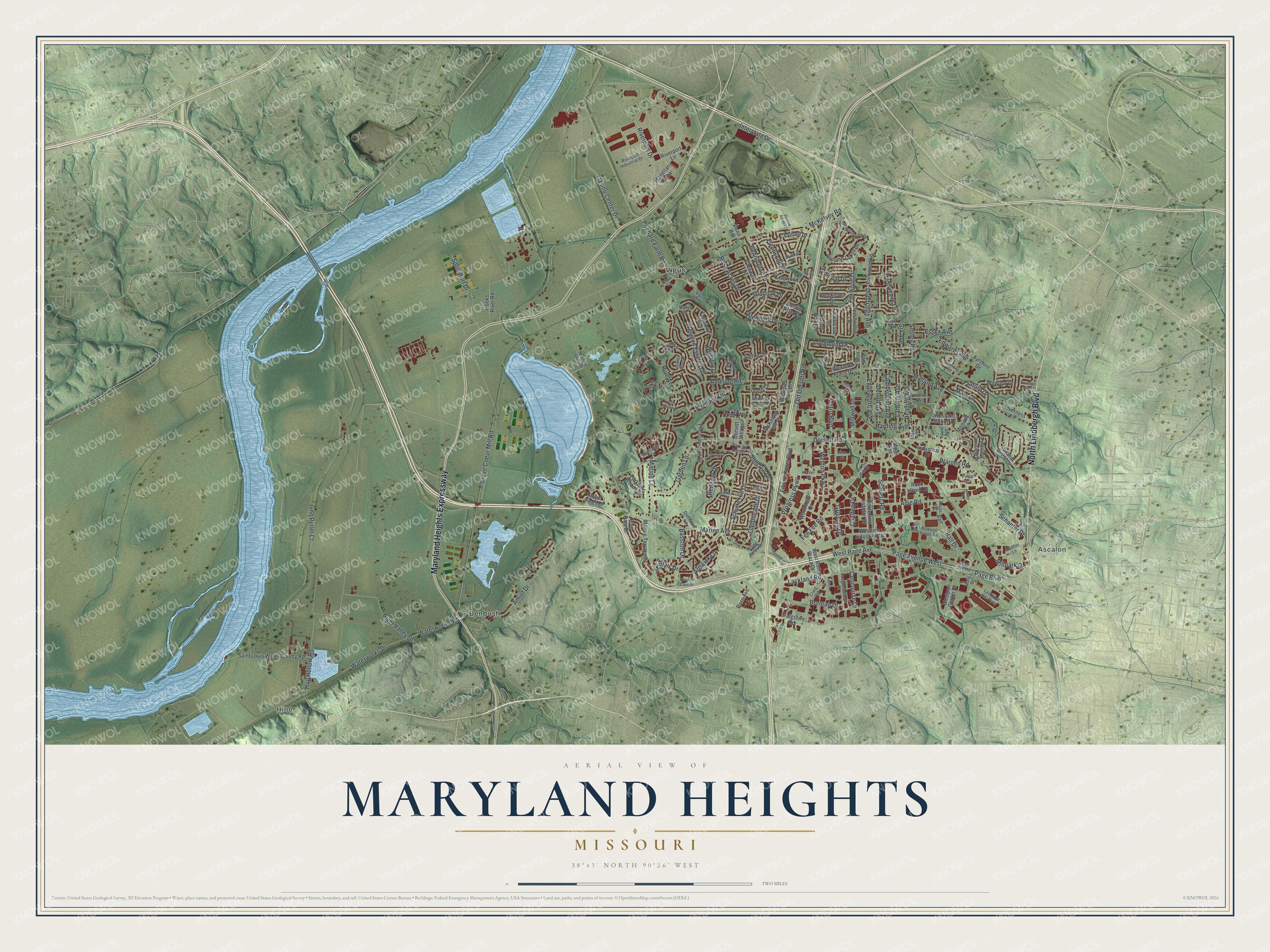 Full Maryland Heights map with red buildings, green terrain, blue water, labeled streets, and a cream title panel
