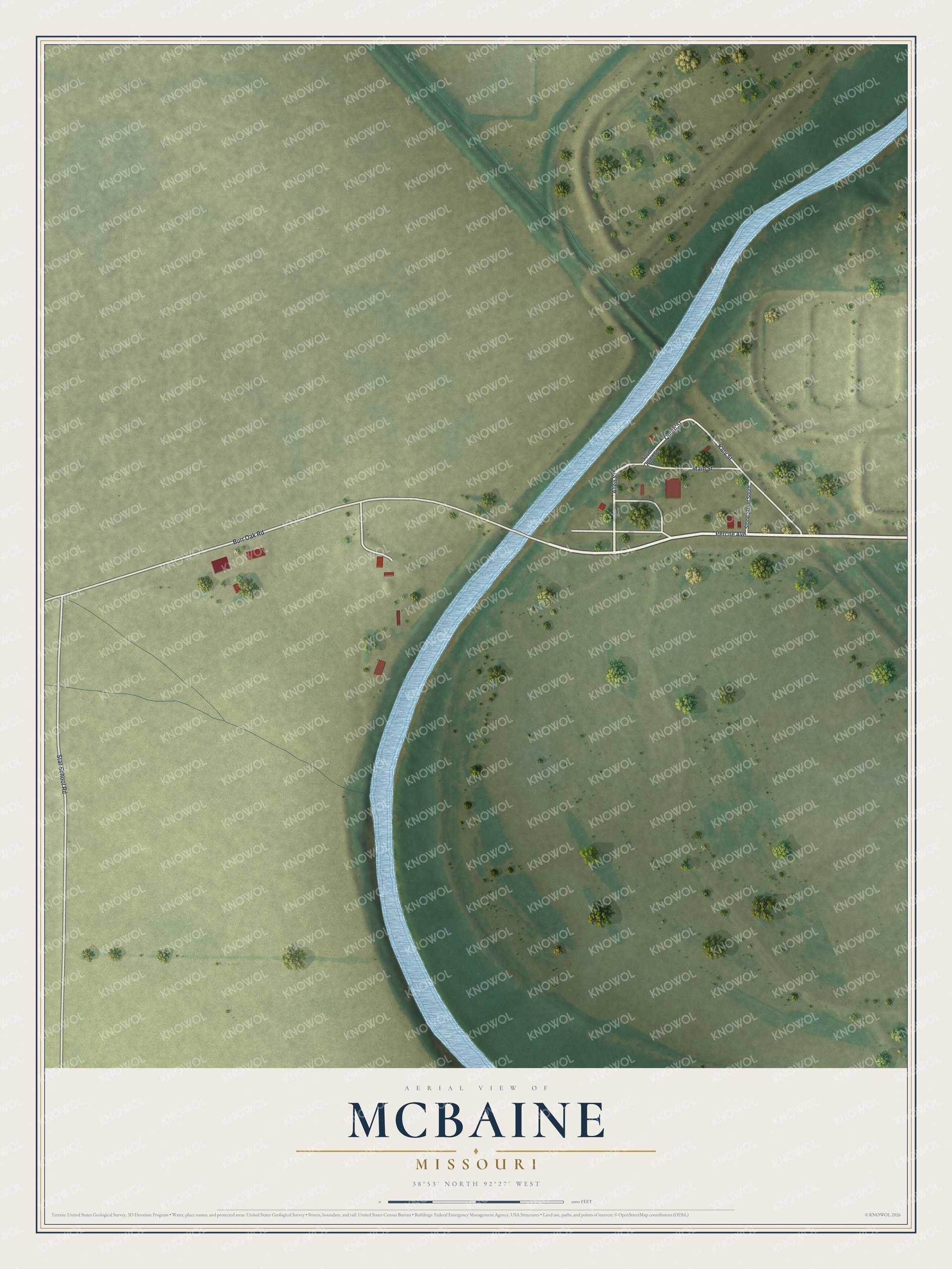 Full map of McBaine, Missouri, with red buildings, printed street names and the land around them