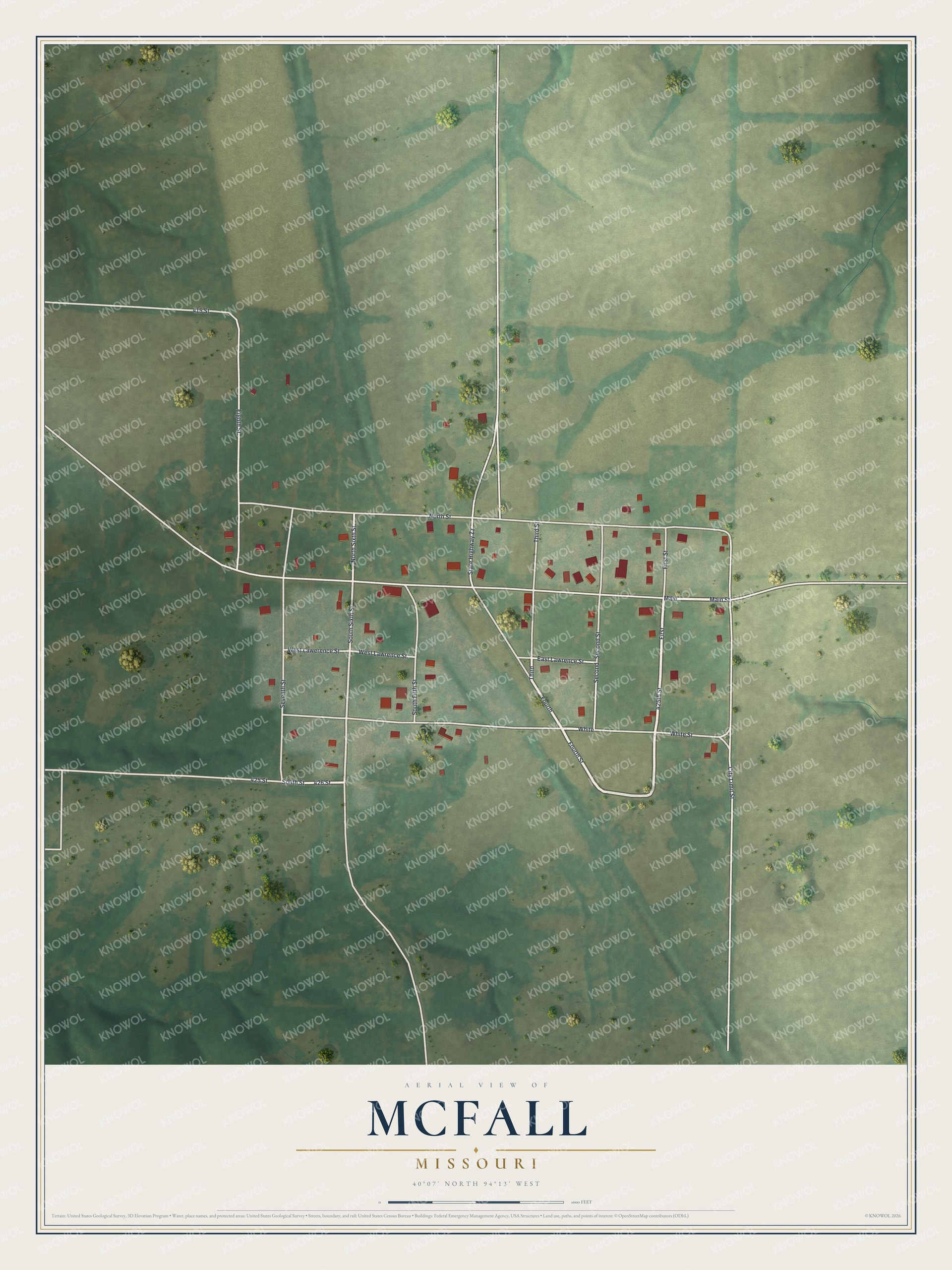 Aerial map of McFall, Missouri with a small street grid, red buildings and green farm fields around a slanting creek valley