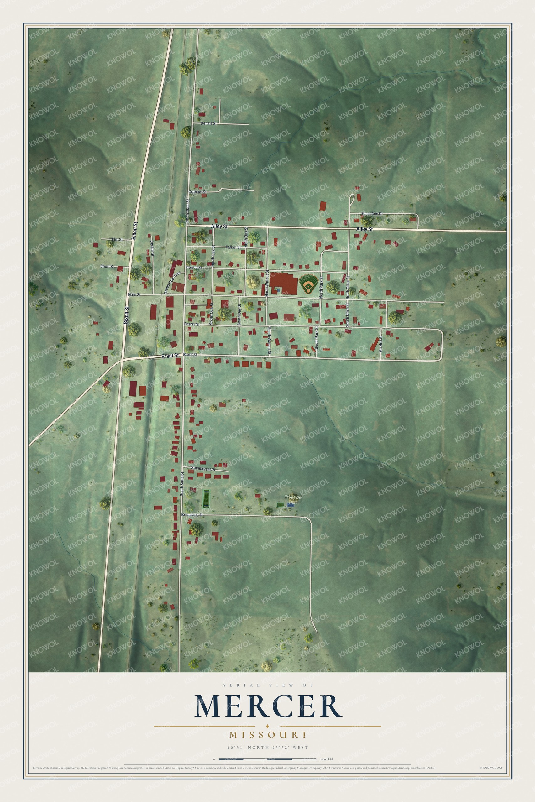 Aerial map of Mercer Missouri showing red buildings along pale streets beside a rail line in green rolling hills
