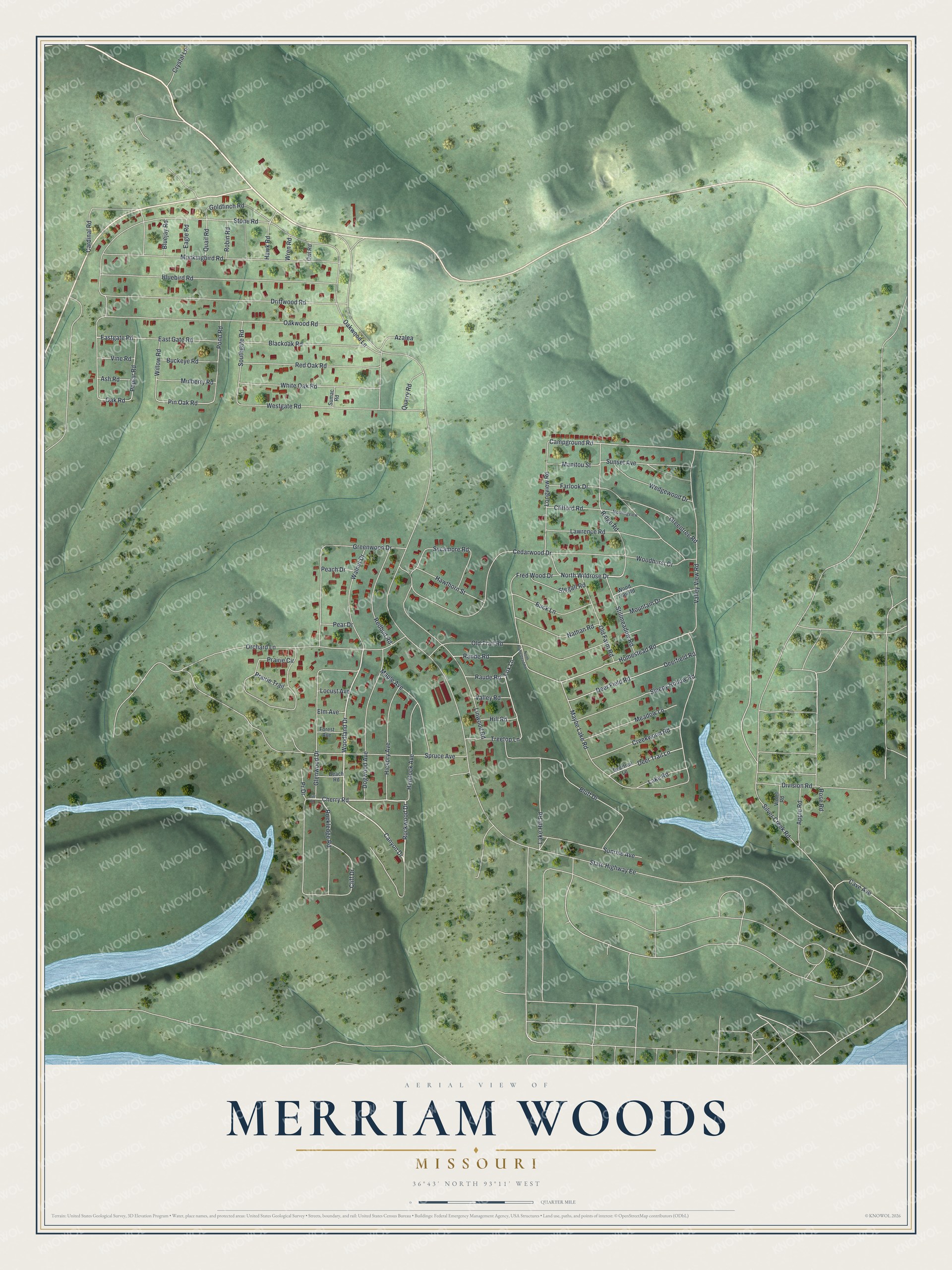 Full map of Merriam Woods, Missouri, with red buildings, printed street names and the land around them