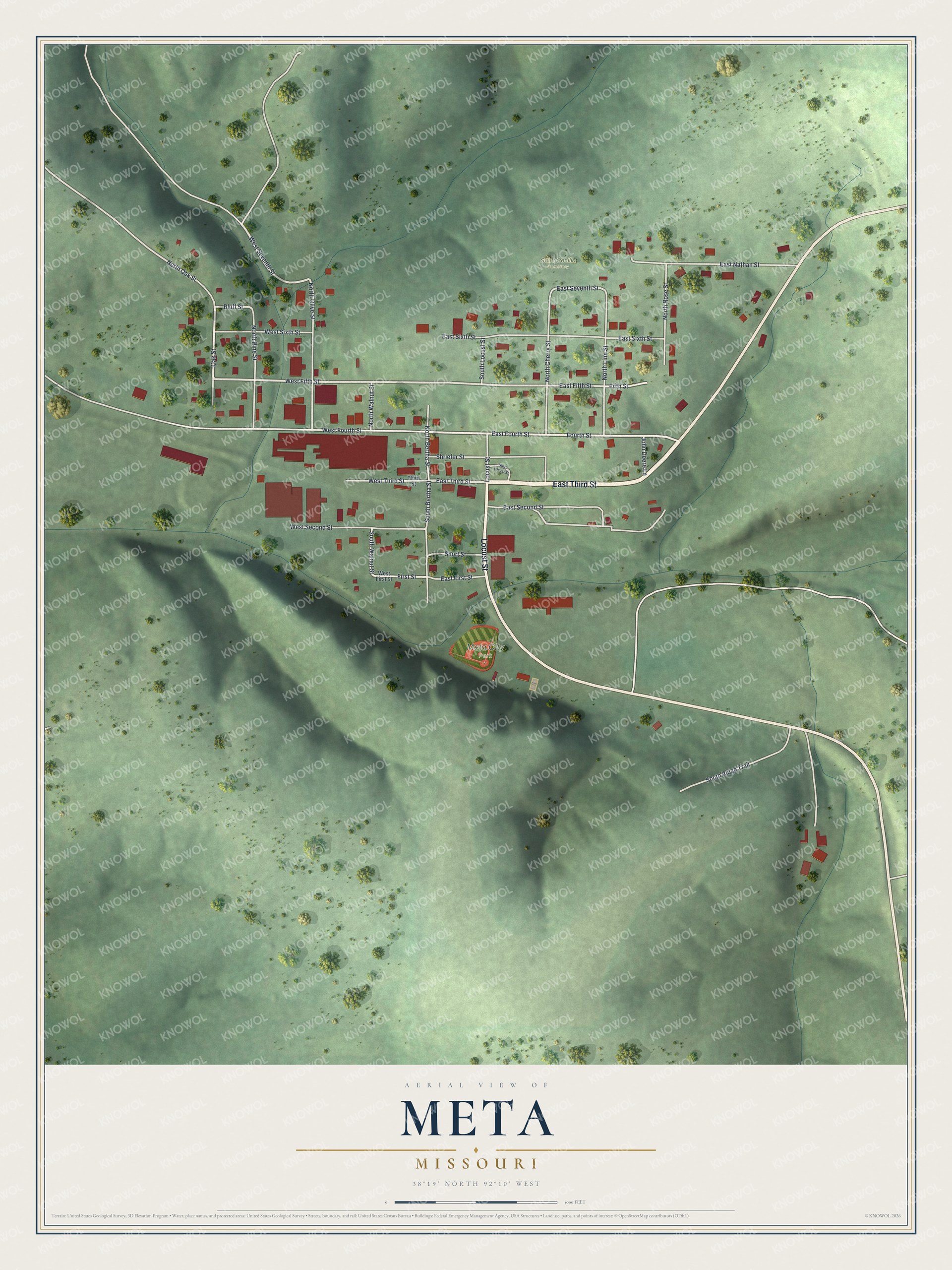 Full map of Meta, Missouri, with red buildings, printed street names and the land around them