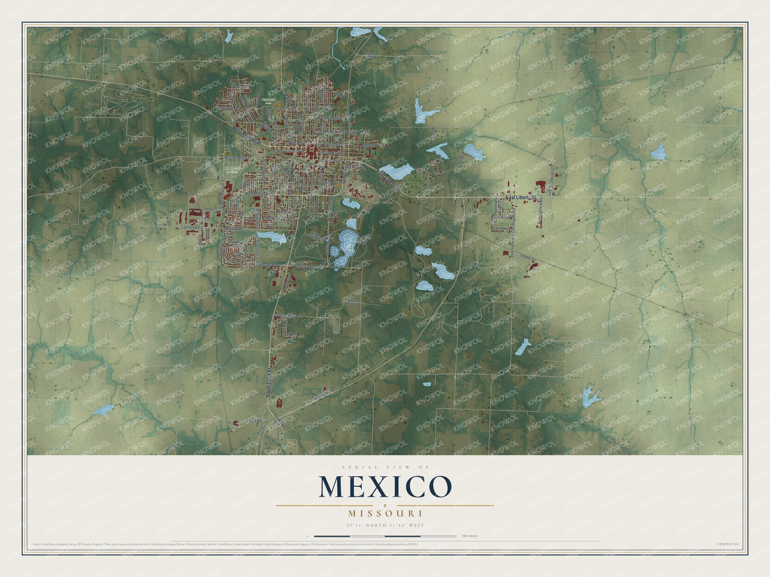 Full aerial map of Mexico, Missouri, with red buildings, green countryside, blue ponds and a cream title panel