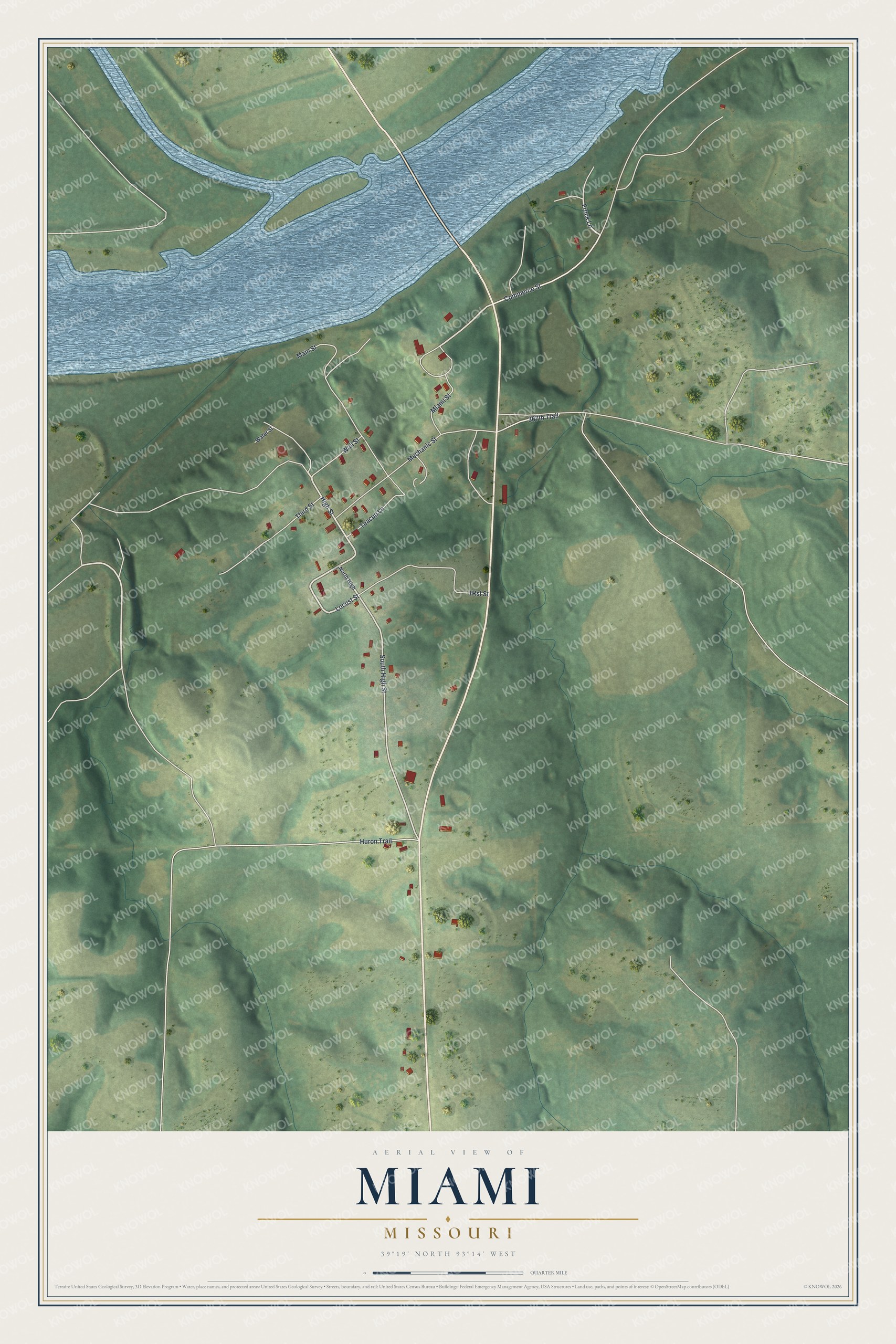 Aerial view map of Miami, Missouri with a blue river across the top, green shaded hills and small red buildings along a few streets