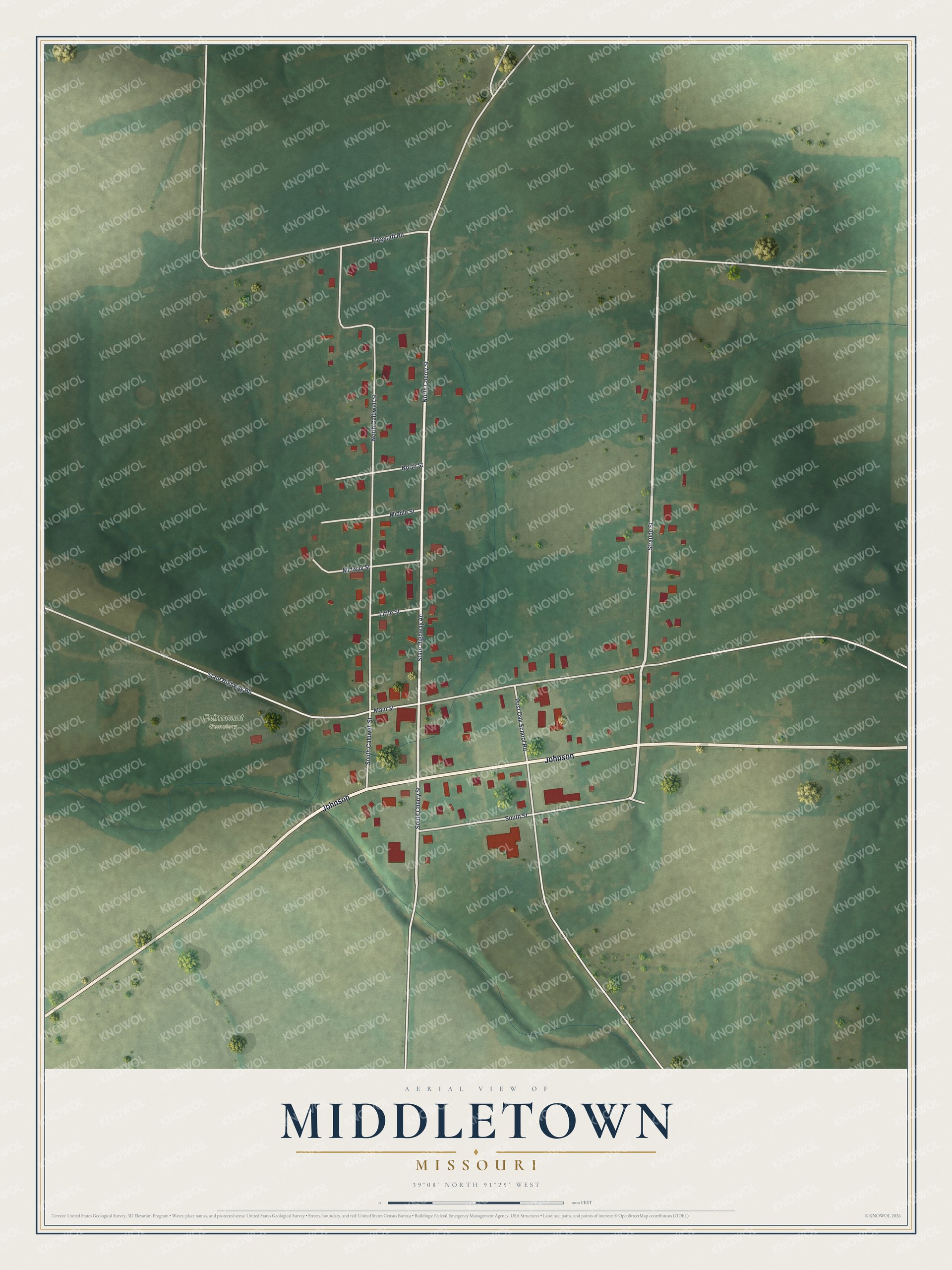 Full map of Middletown, Missouri, with red buildings, printed street names and the land around them