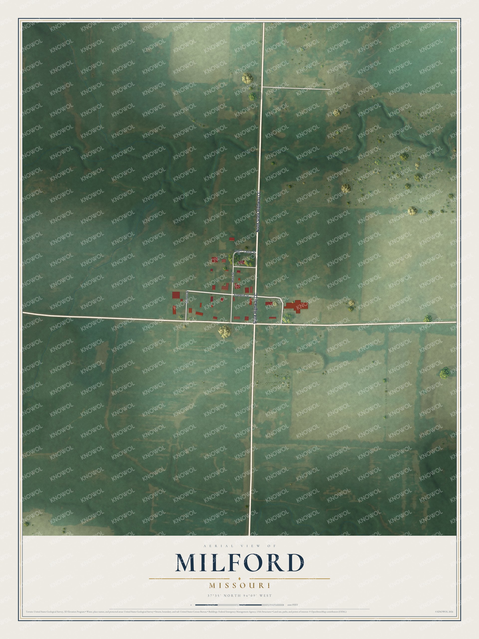 Full map of Milford, Missouri, with red buildings, printed street names and the land around them
