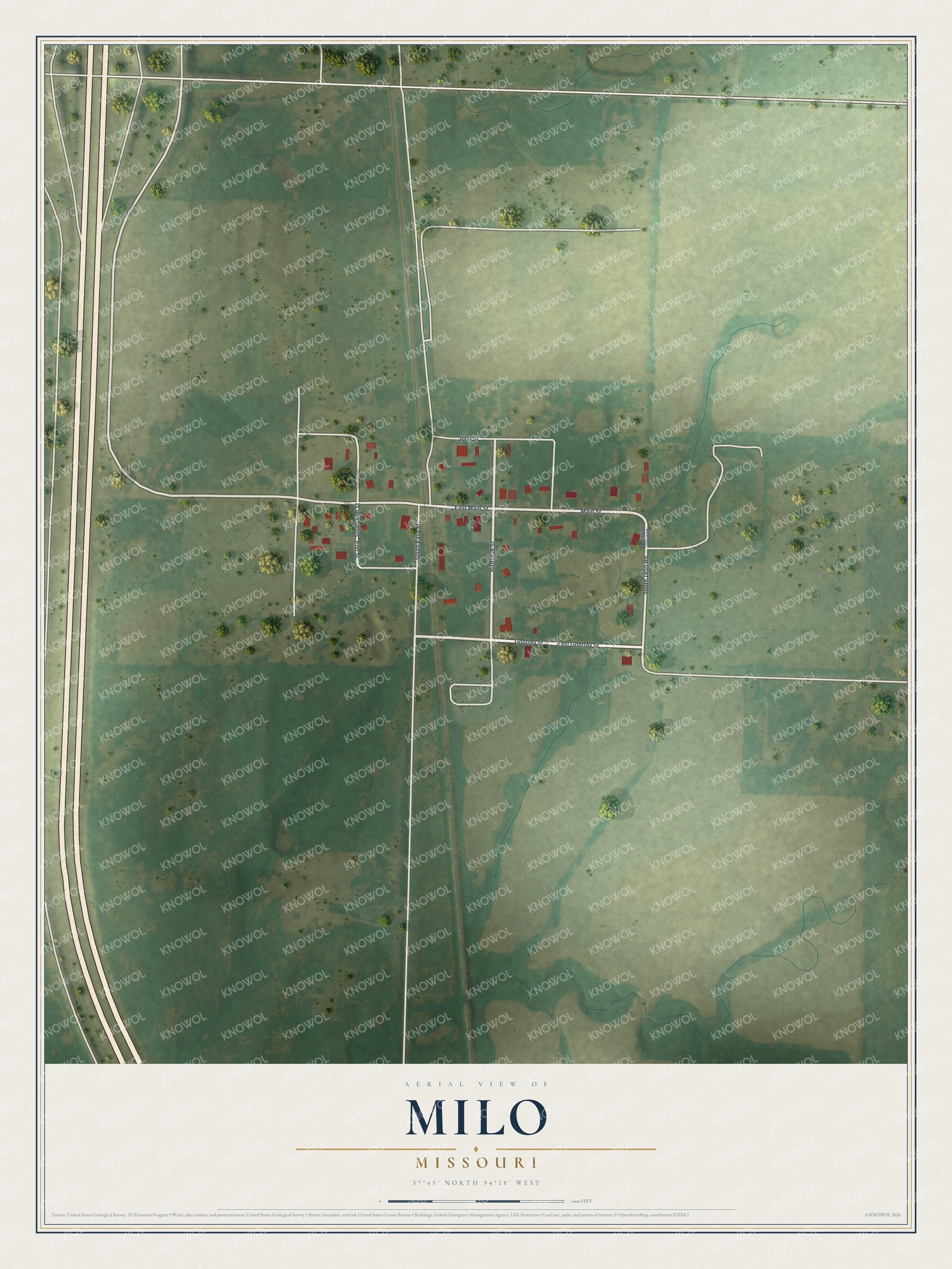 Full map of Milo, Missouri, with red buildings, printed street names and the land around them