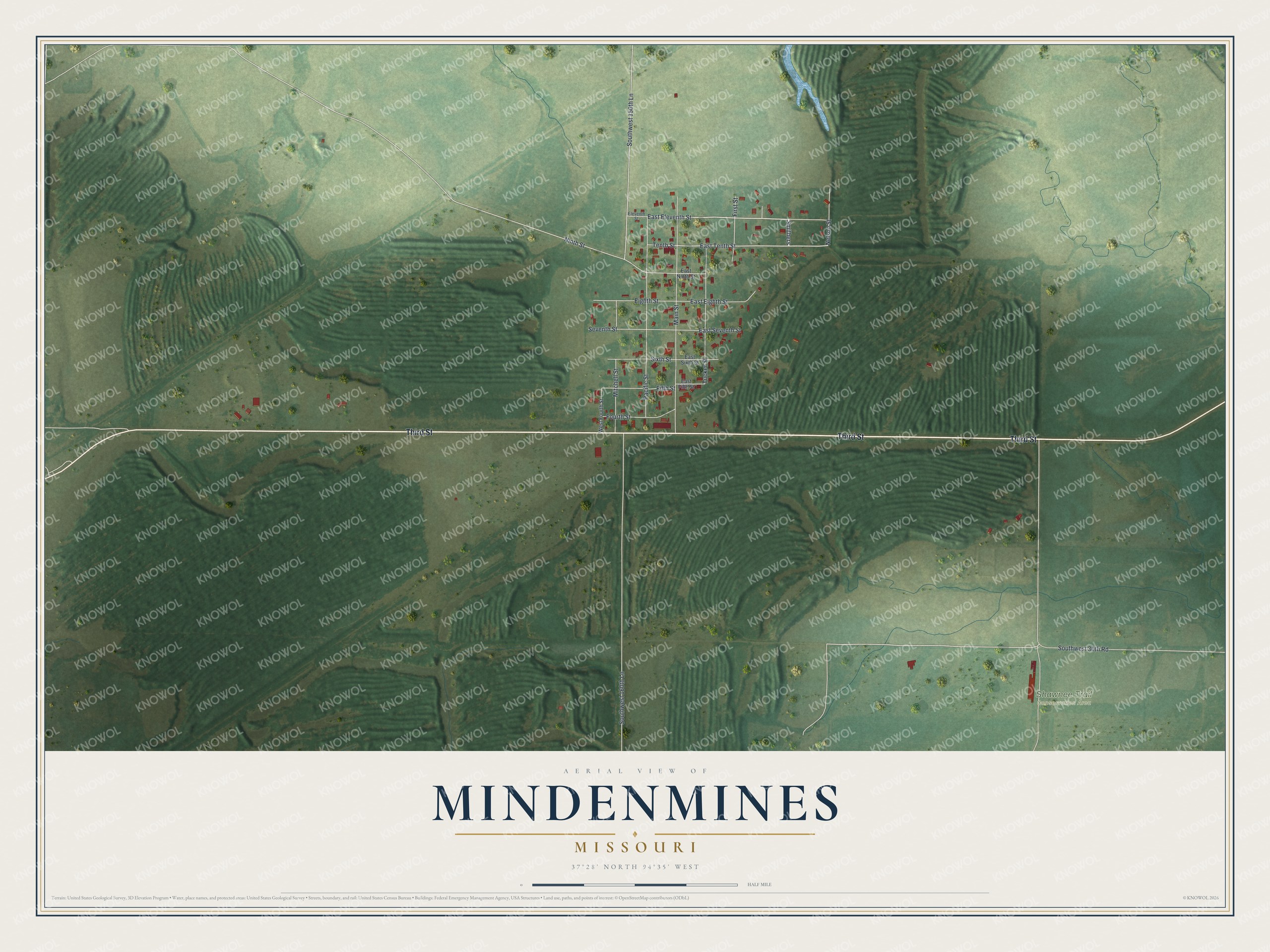 Full map of Mindenmines, Missouri, with red buildings, printed street names and the land around them