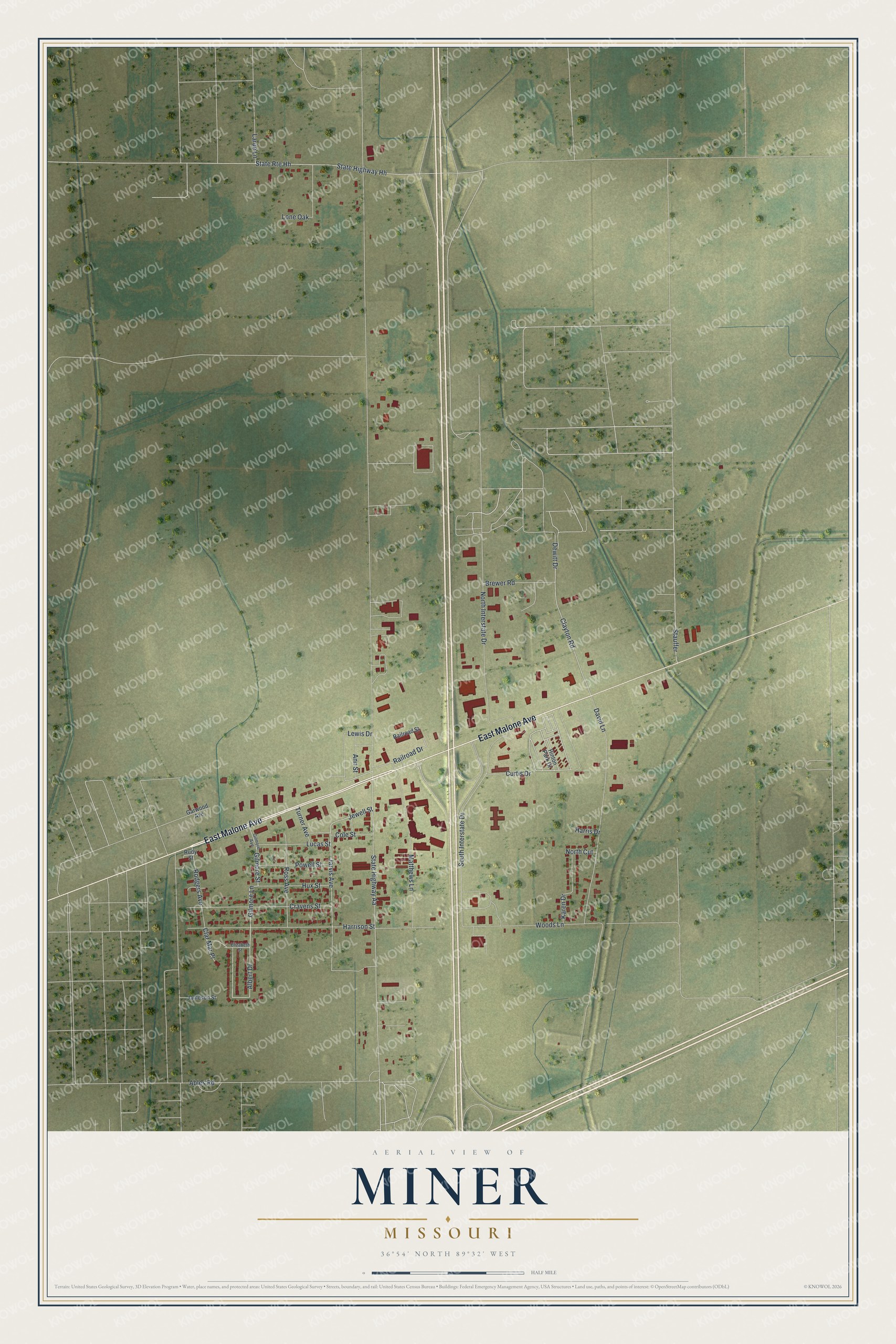 Full map of Miner, Missouri, with red buildings, printed street names and the land around them