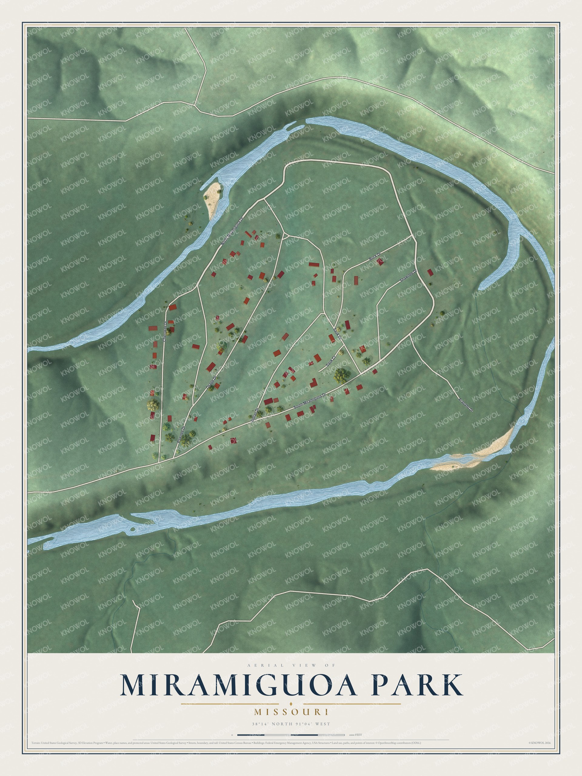Full map of Miramiguoa Park, Missouri, with red buildings, printed street names and the land around them