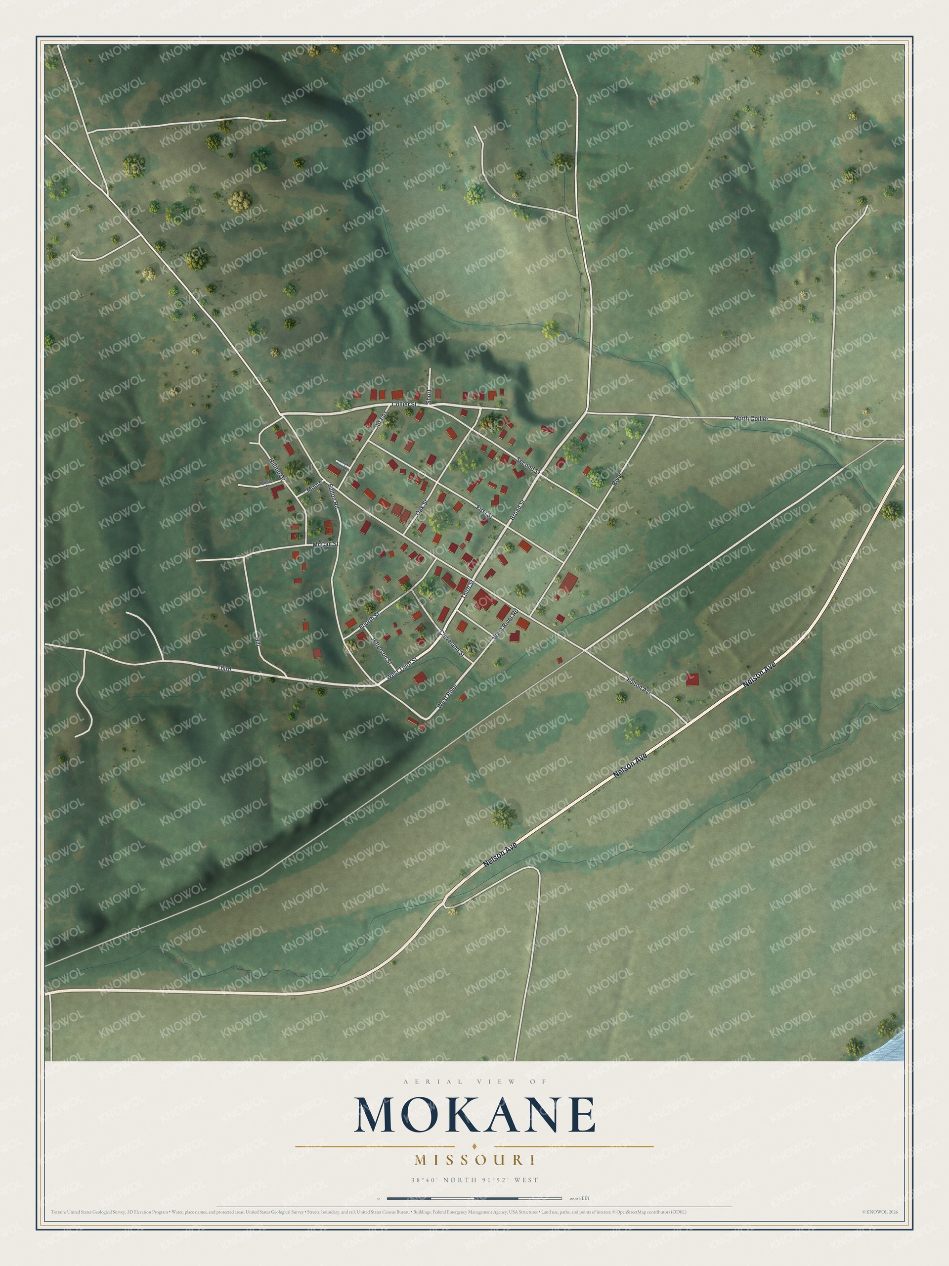 Full map of Mokane, Missouri, with red buildings, printed street names and the land around them