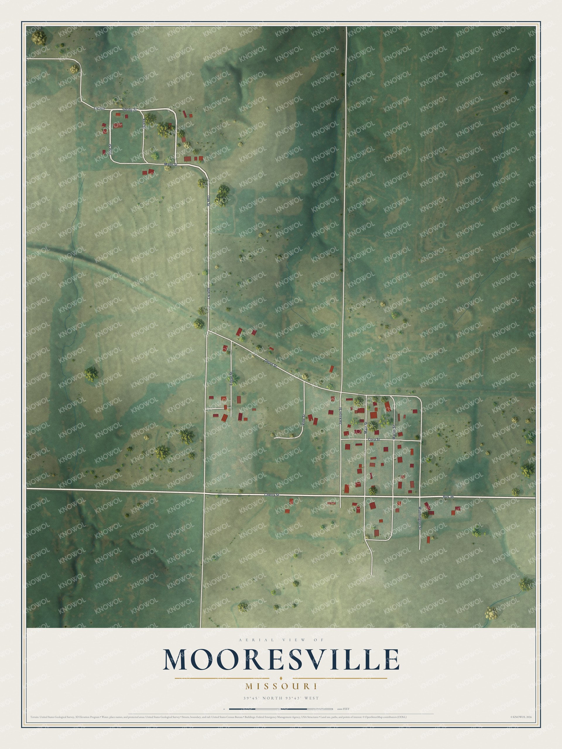 Full map of Mooresville, Missouri, with red buildings, printed street names and the land around them