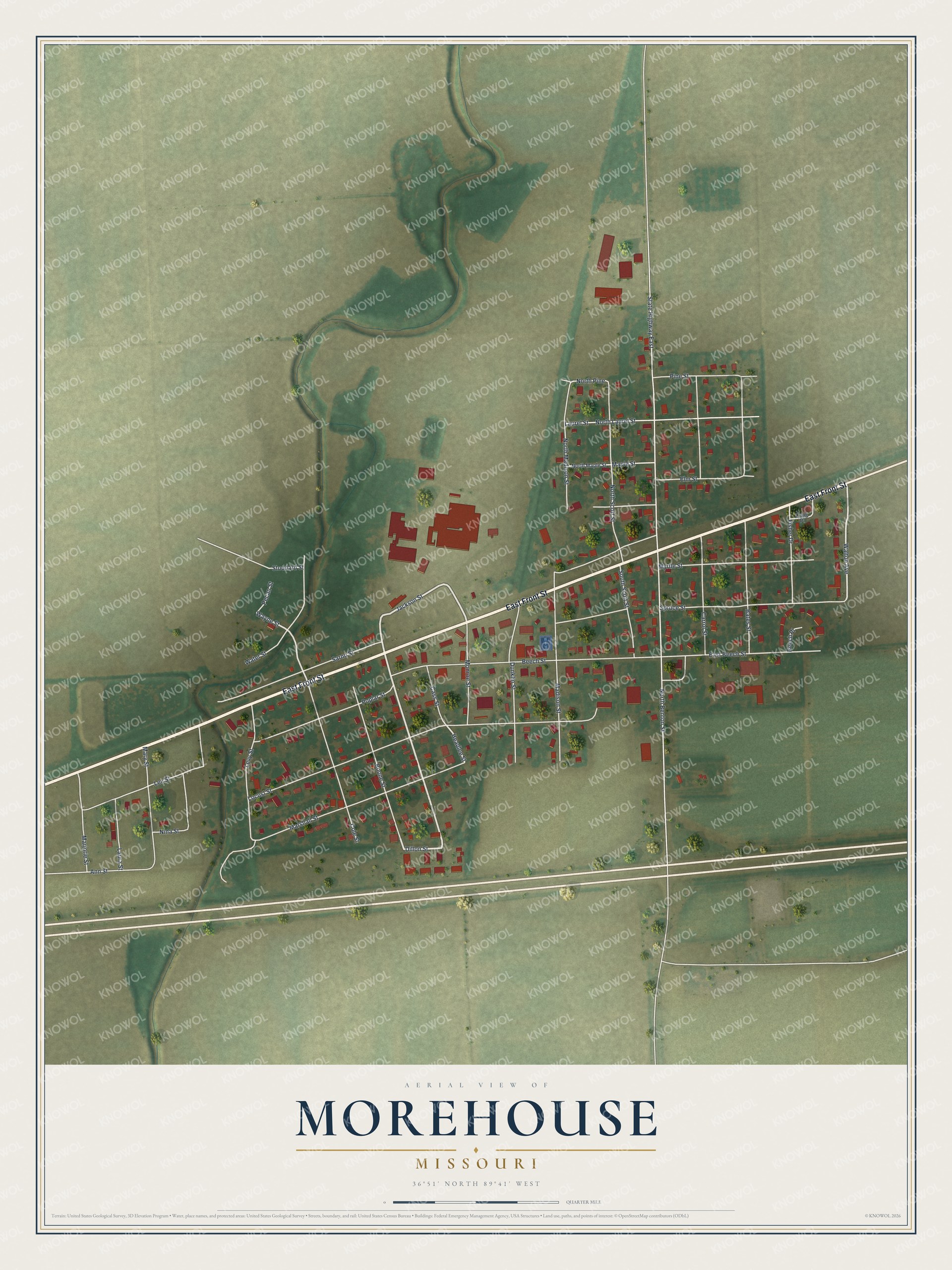 Full map of Morehouse, Missouri, with red buildings, printed street names and the land around them